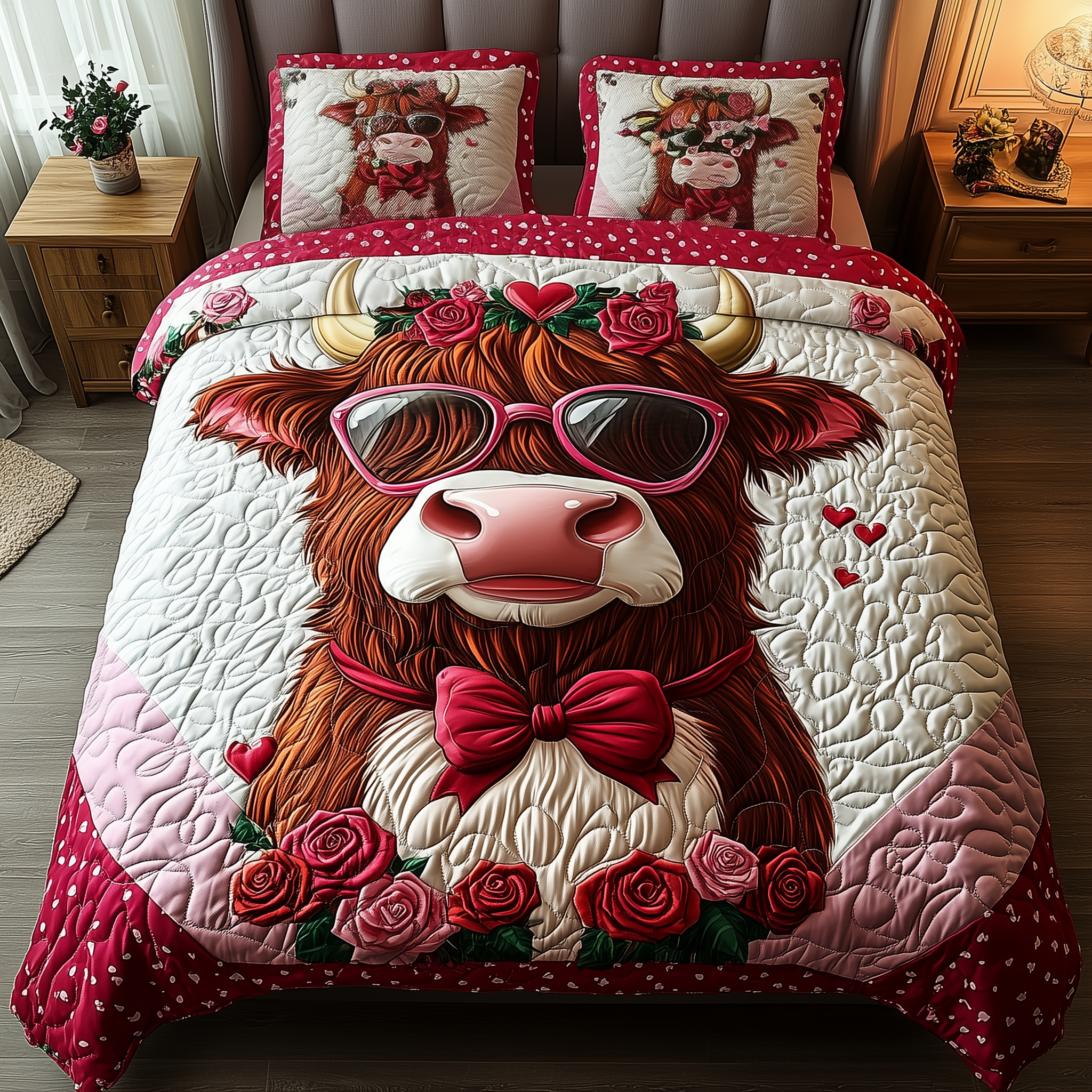 Pinky Highland Cow Quilted Bedding Set Valentine'S Day Duvet Cover Set Cow Gifts For Cow Lovers