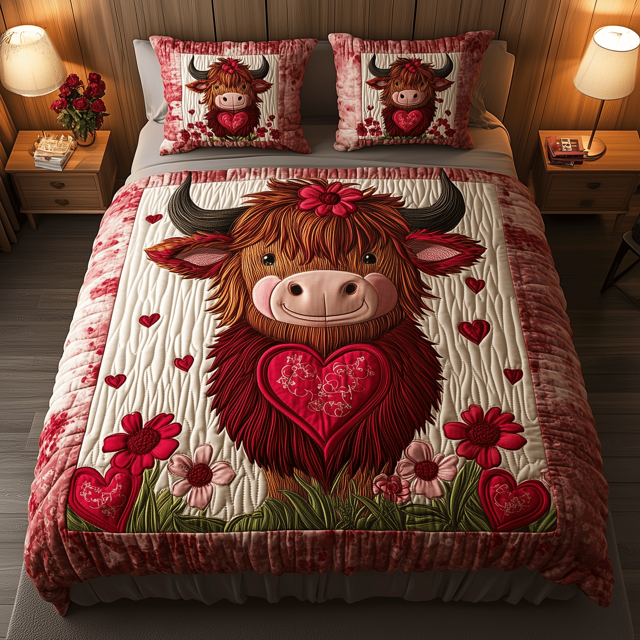 Pinky Highland Cow Quilted Bedding Set Valentine'S Day Duvet Cover Set Cow Lover Gift