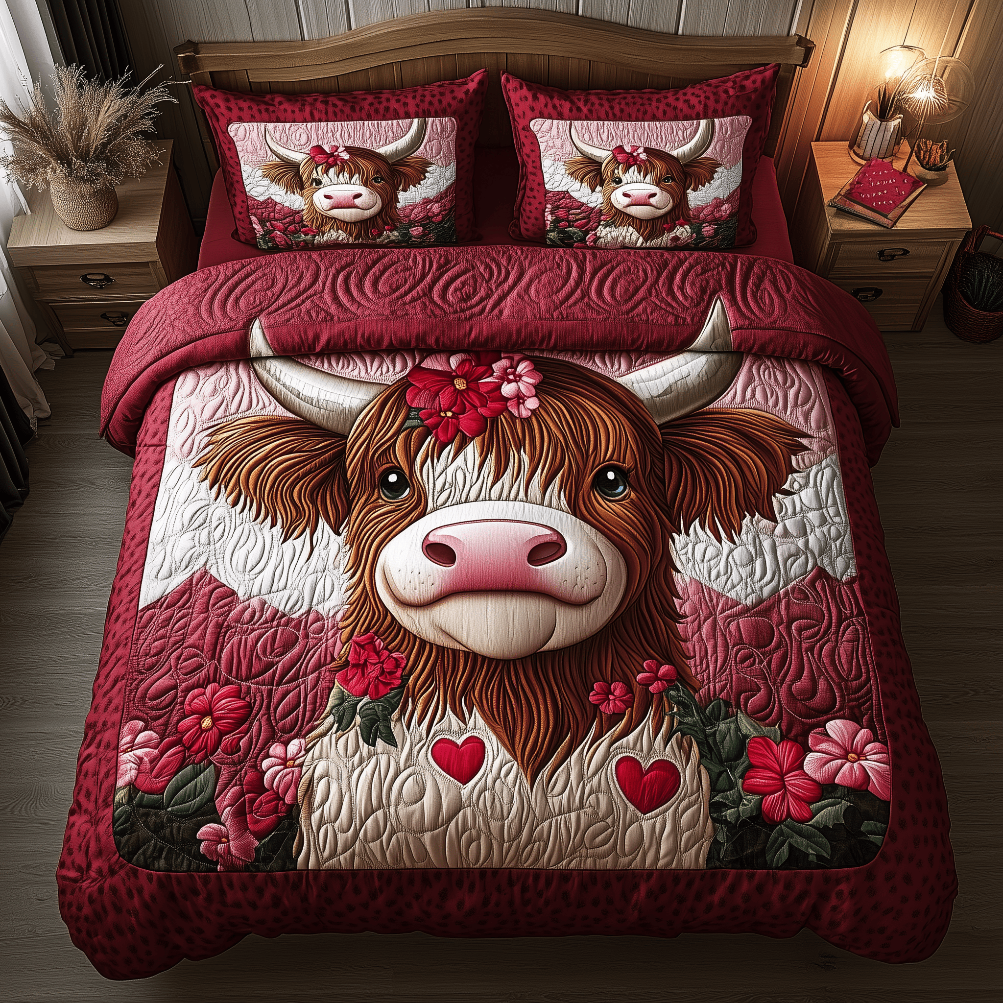 Pinky Highland Cow Quilted Bedding Set Valentine'S Day Duvet Cover Set Gift For Cow Lover