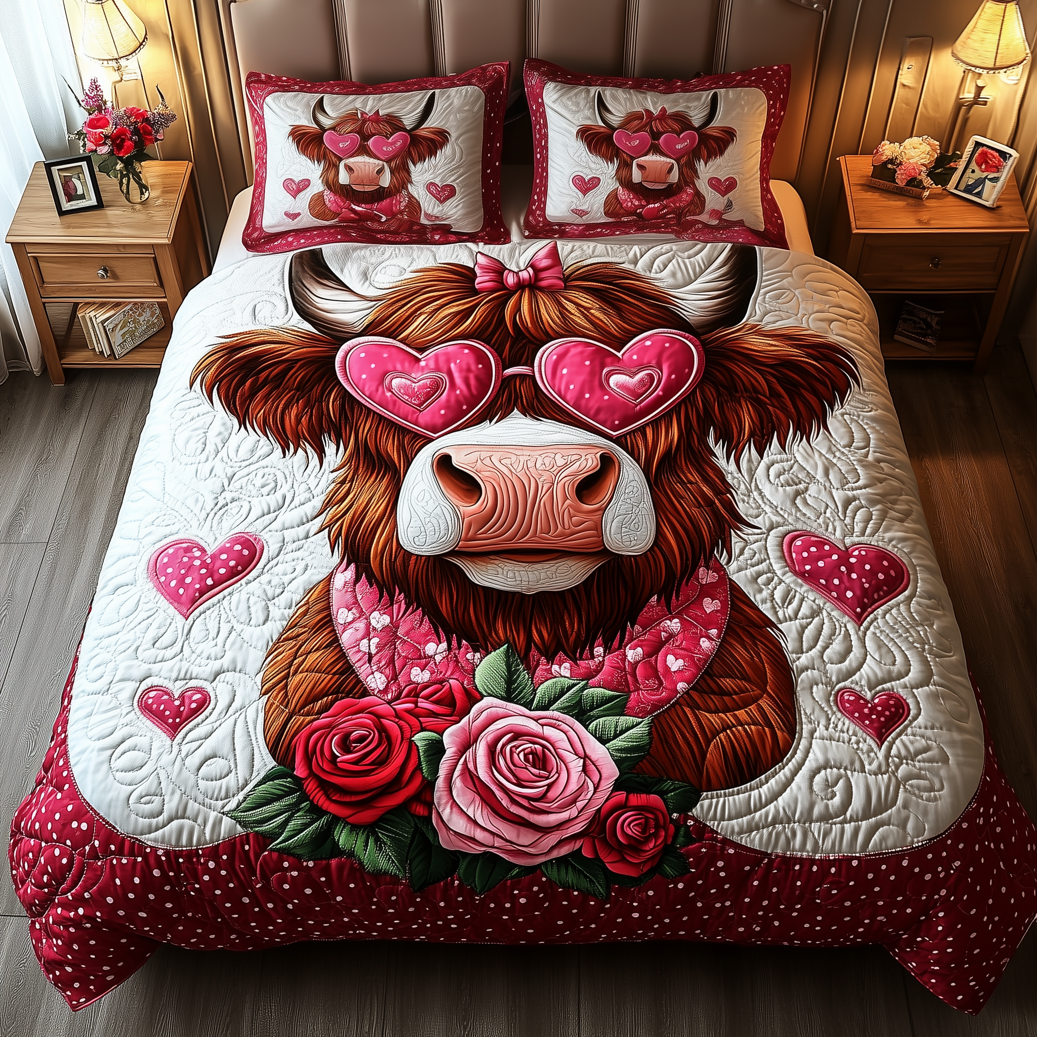 Pinky Highland Cow Quilted Bedding Set Valentine'S Day Duvet Cover Set Gift Ideas For Cow Lovers