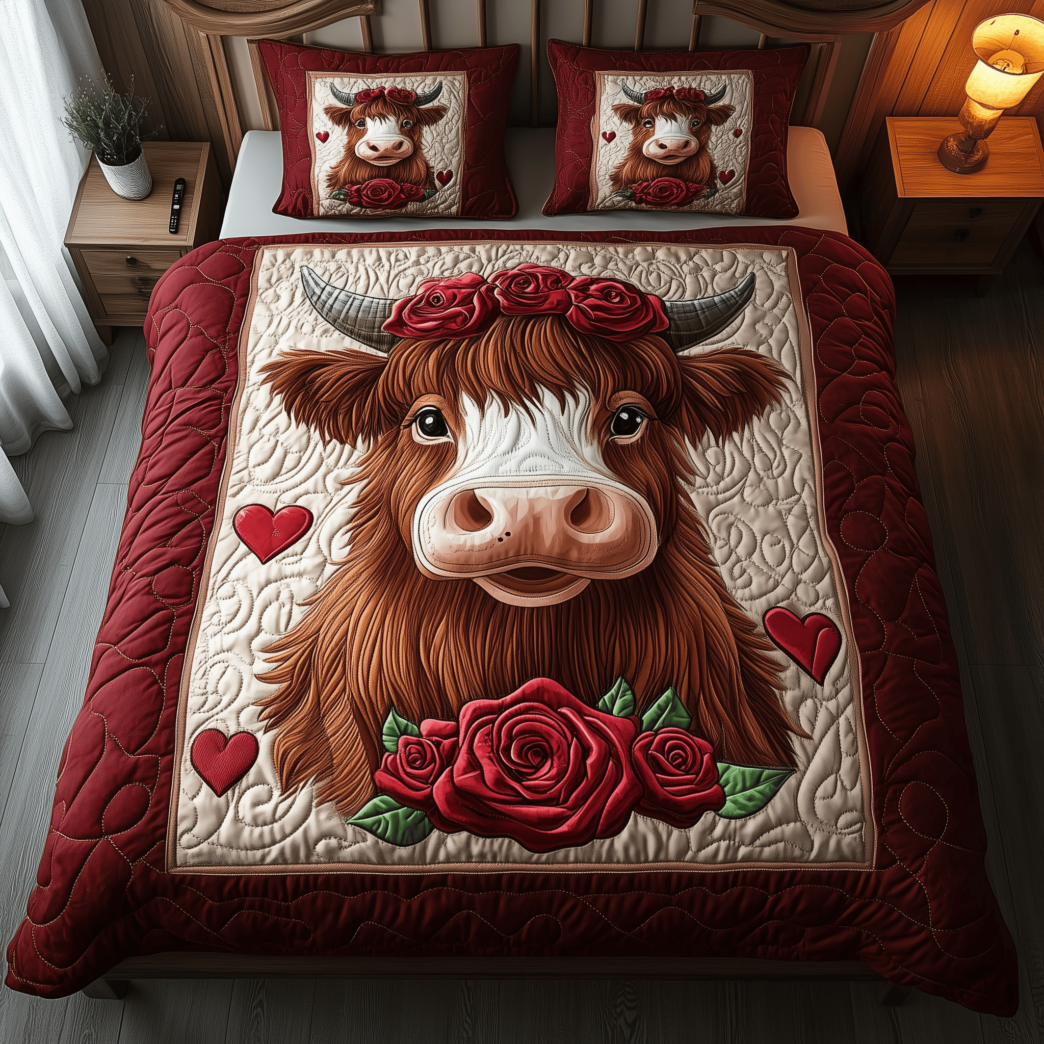 Pinky Highland Cow Quilted Bedding Set Valentine'S Day Duvet Cover Set Gift Ideas For Cow Lovers