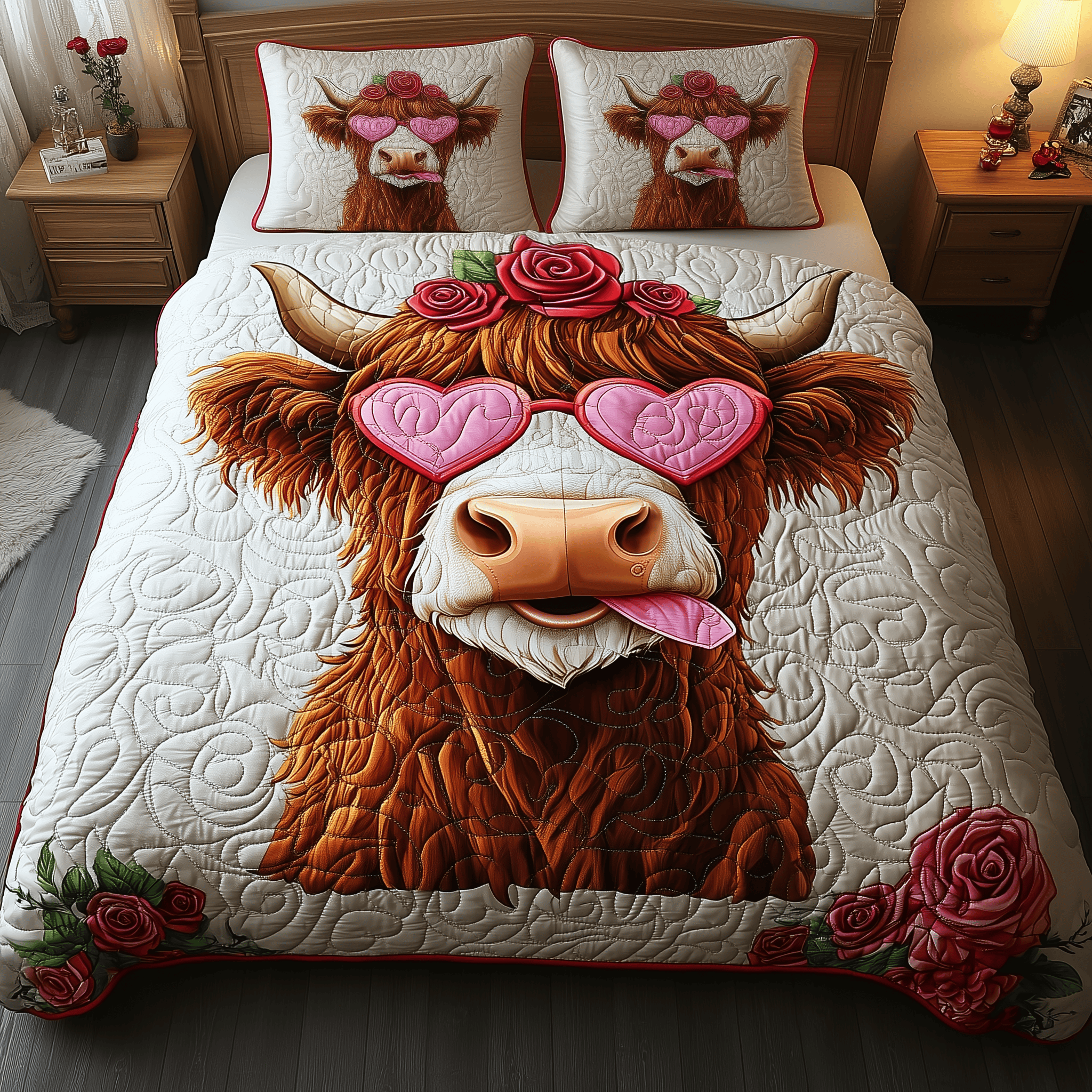 Pinky Highland Cow Quilted Bedding Set Valentine'S Day Duvet Cover Set Gifts For A Cow Lover
