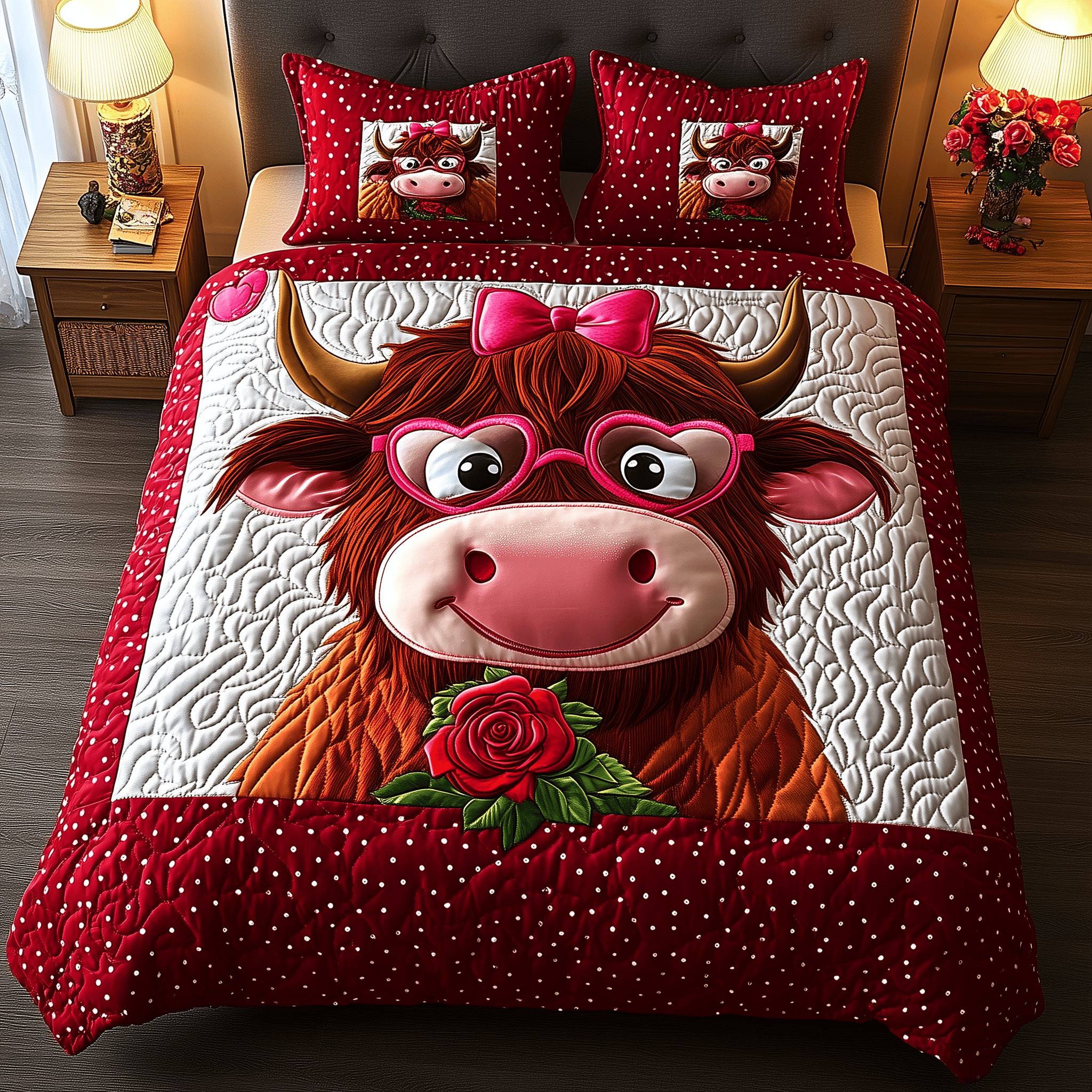 Pinky Highland Cow Quilted Bedding Set Valentine'S Day Duvet Cover Set Gifts For Cow Lovers