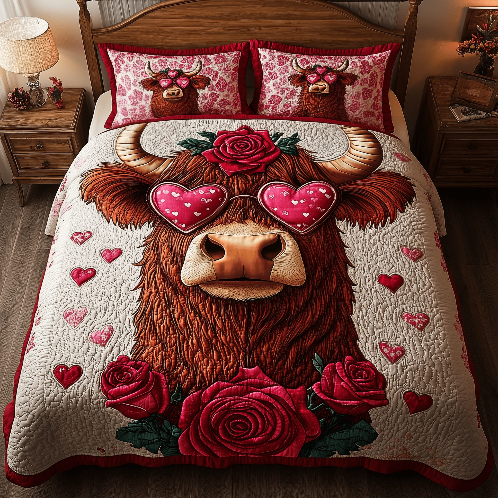 Pinky Highland Cow Quilted Bedding Set Valentine'S Day Duvet Cover Set Gifts For Highland Cow Lovers