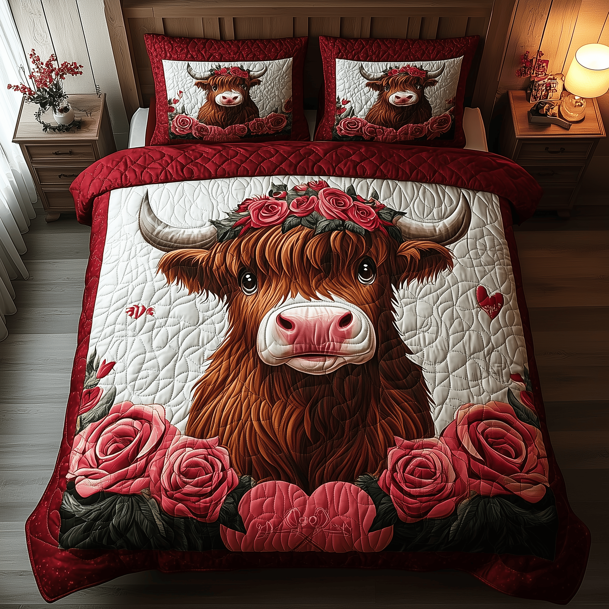 Pinky Highland Cow Quilted Bedding Set Valentine'S Day Duvet Cover Set Presents For Cow Lovers