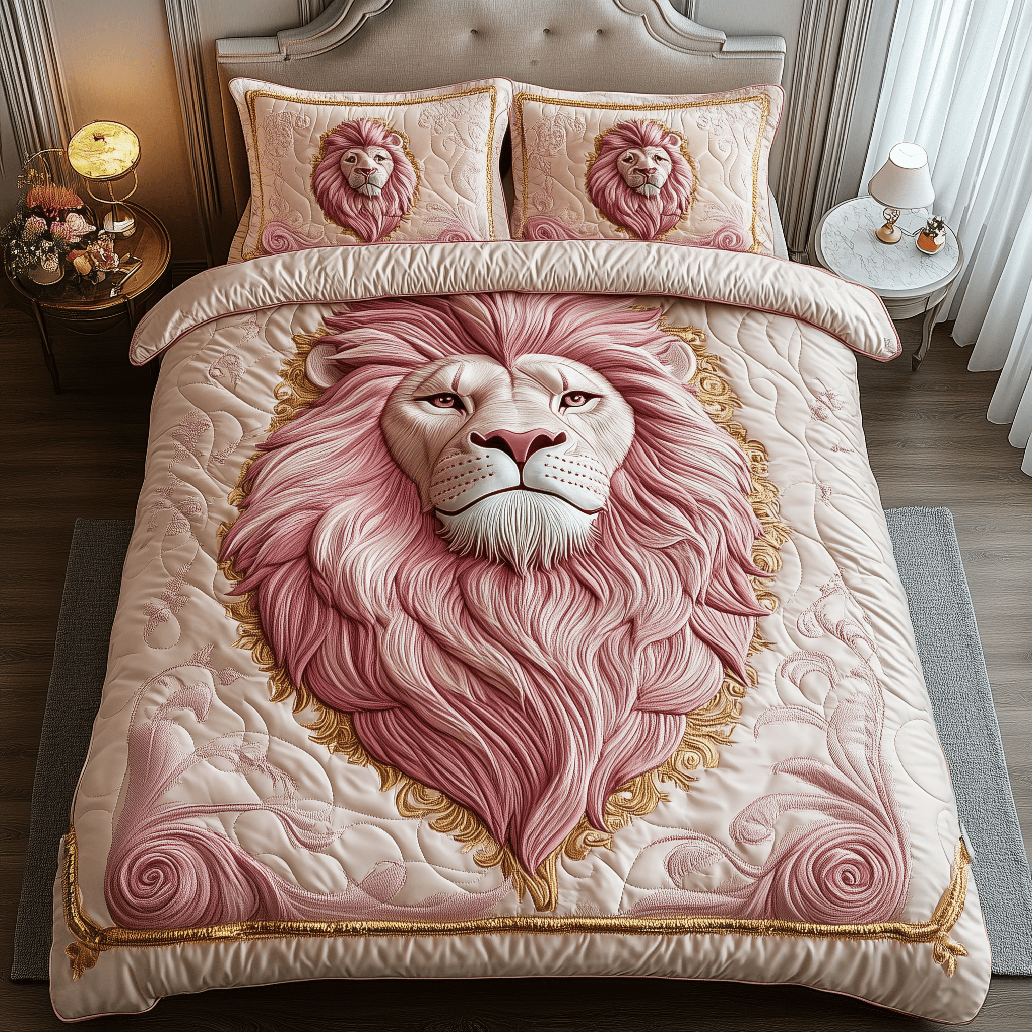 Pinky Majestic Lion Quilted Bedding Set Fathers Day Duvet Cover Set Lion Gifts For Him Her