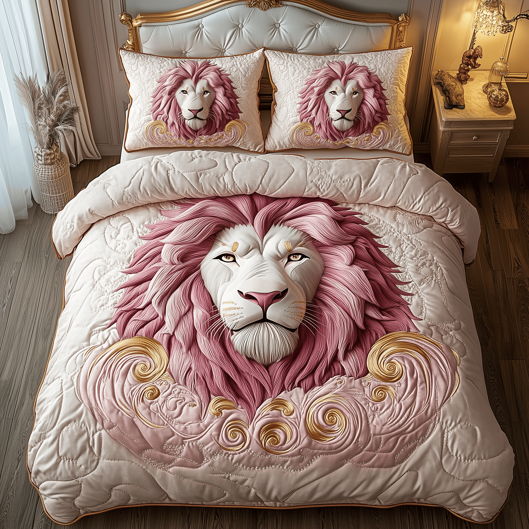 Pinky Majestic Lion Quilted Bedding Set Fathers Day Duvet Cover Set Lion Themed Gifts