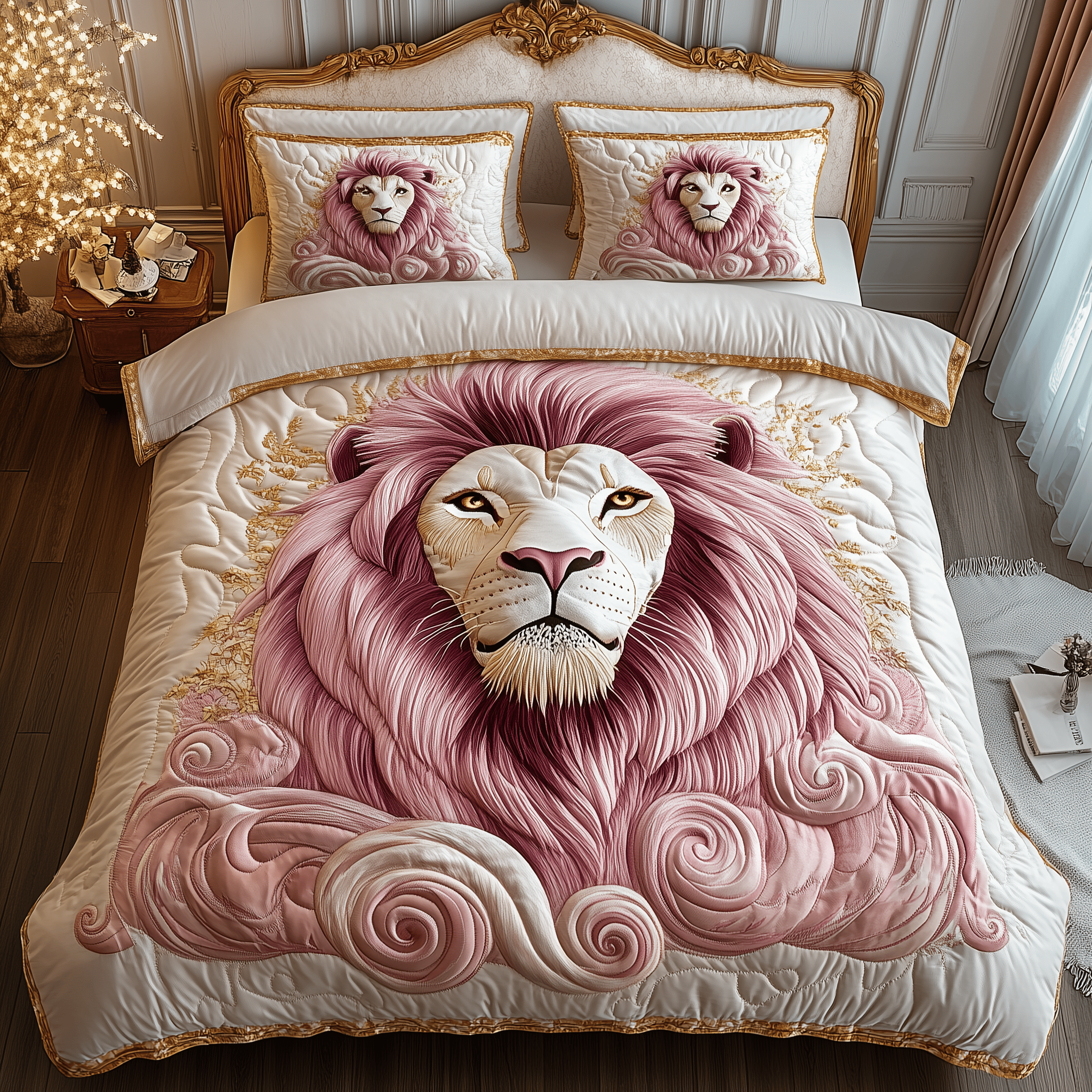 Pinky Majestic Lion Quilted Bedding Set Fathers Day Duvet Cover Set Unique Lion Gifts