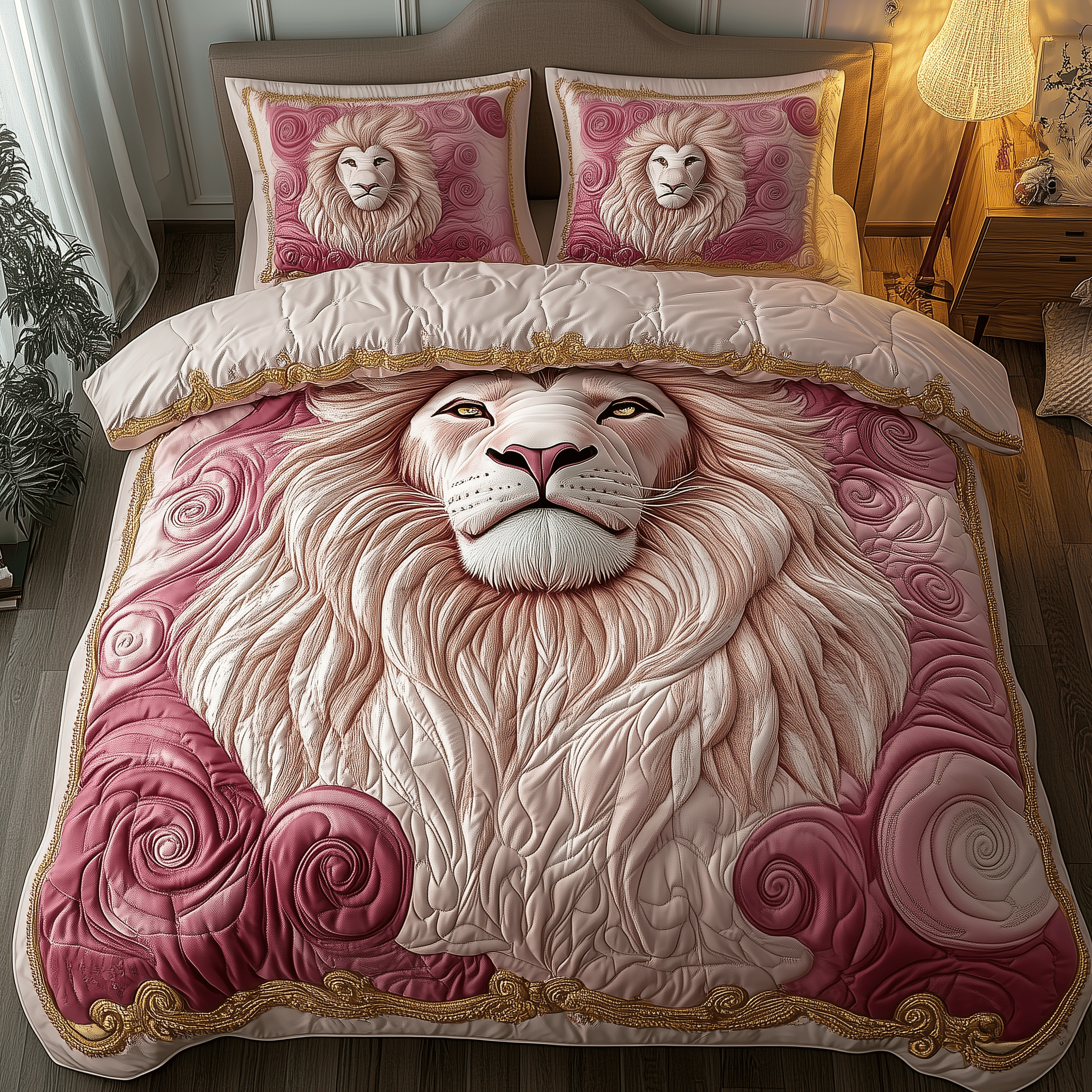 Pinky Majestic Lion Quilted Bedding Set First Fathers Day Duvet Cover Set Lion Gifts For Men