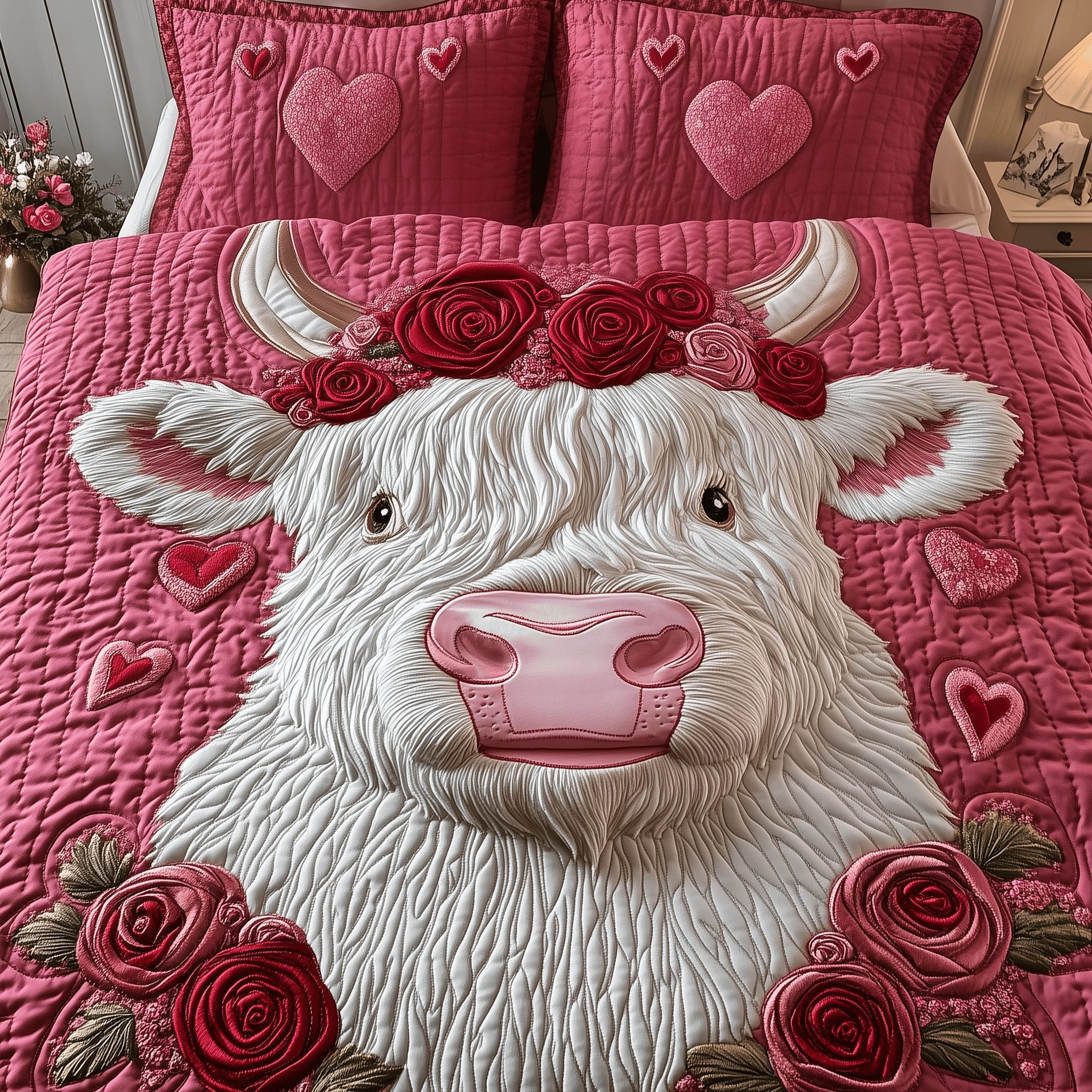 Pinky Sweetie Highland Cow Quilted Bedding Set Father's Day Duvet Cover Set Cow Gifts For Cow Lovers