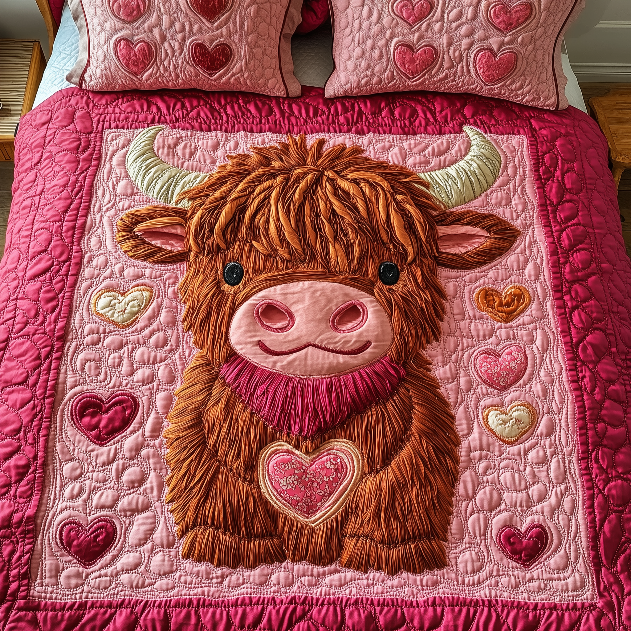Pinky Sweetie Highland Cow Quilted Bedding Set Father's Day Duvet Cover Set Cow Gifts For Him Her