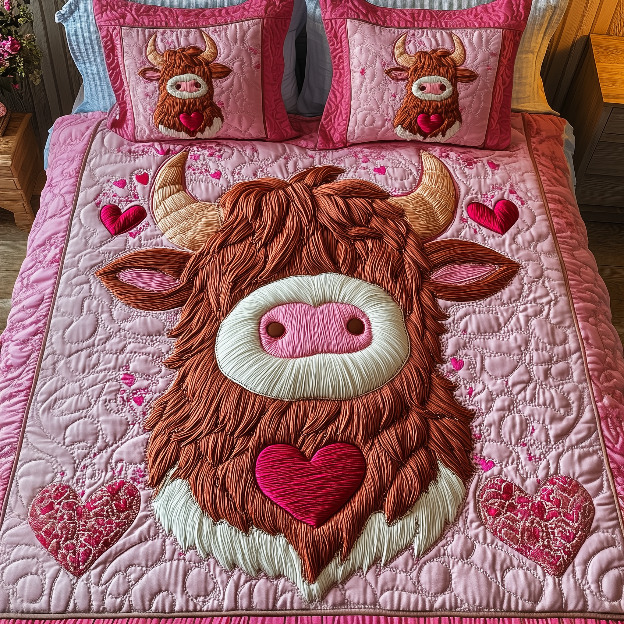 Pinky Sweetie Highland Cow Quilted Bedding Set Father's Day Duvet Cover Set Cow Print Gifts For Her