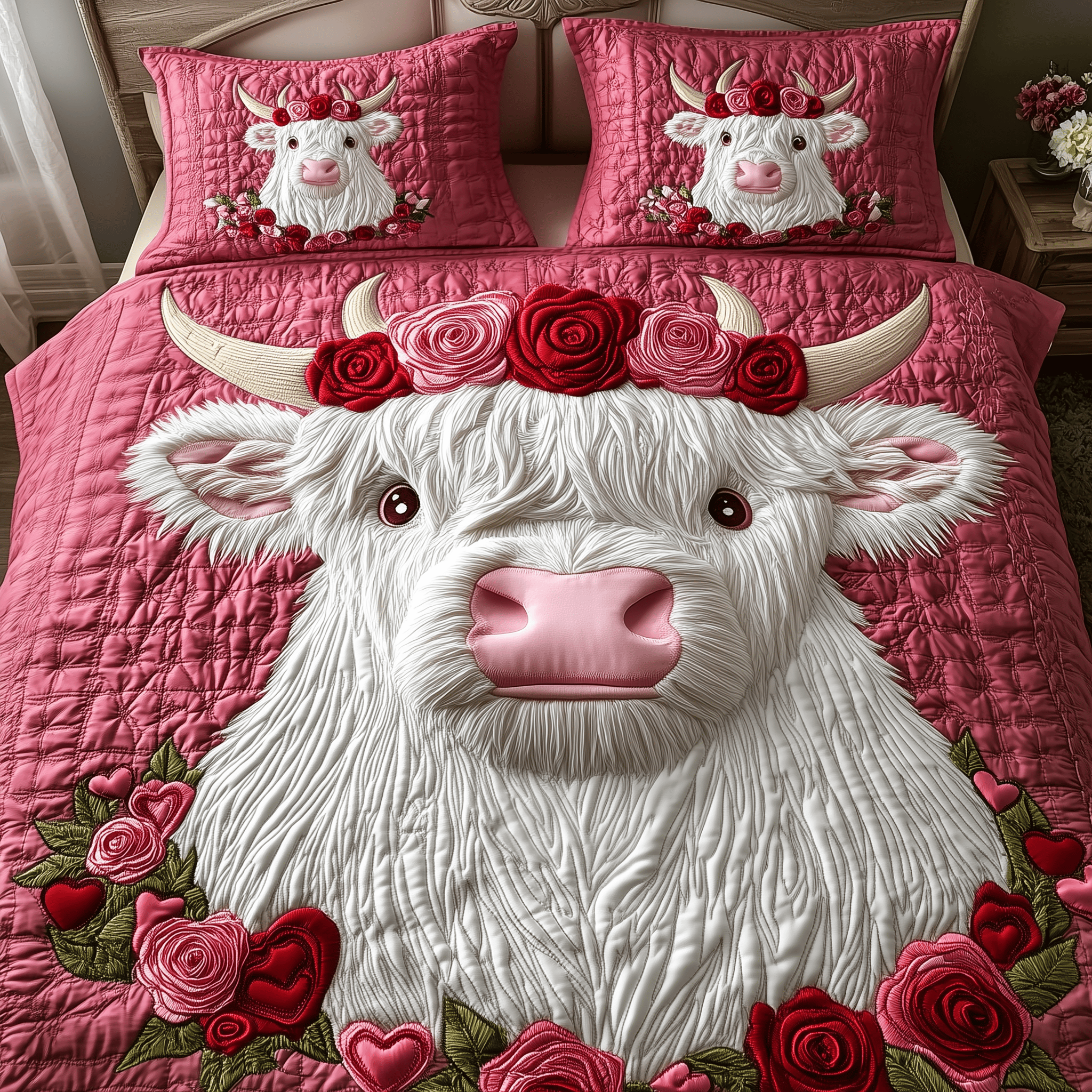 Pinky Sweetie Highland Cow Quilted Bedding Set Father's Day Duvet Cover Set Gift For Cow Lover