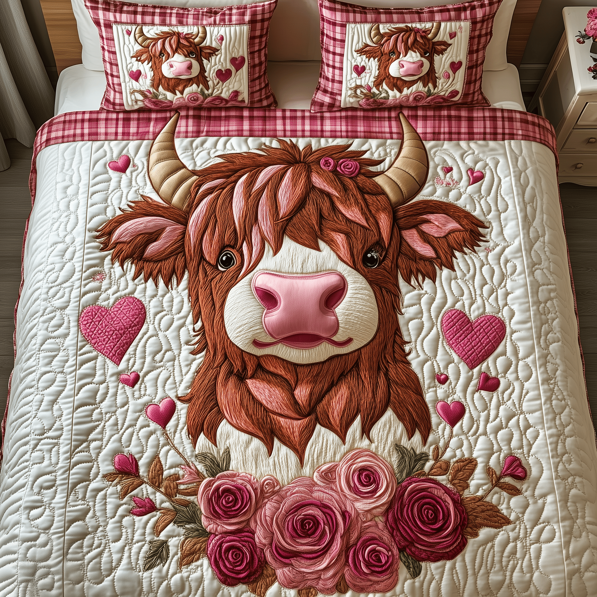 Pinky Sweetie Highland Cow Quilted Bedding Set Father's Day Duvet Cover Set Gifts For Cow Lovers