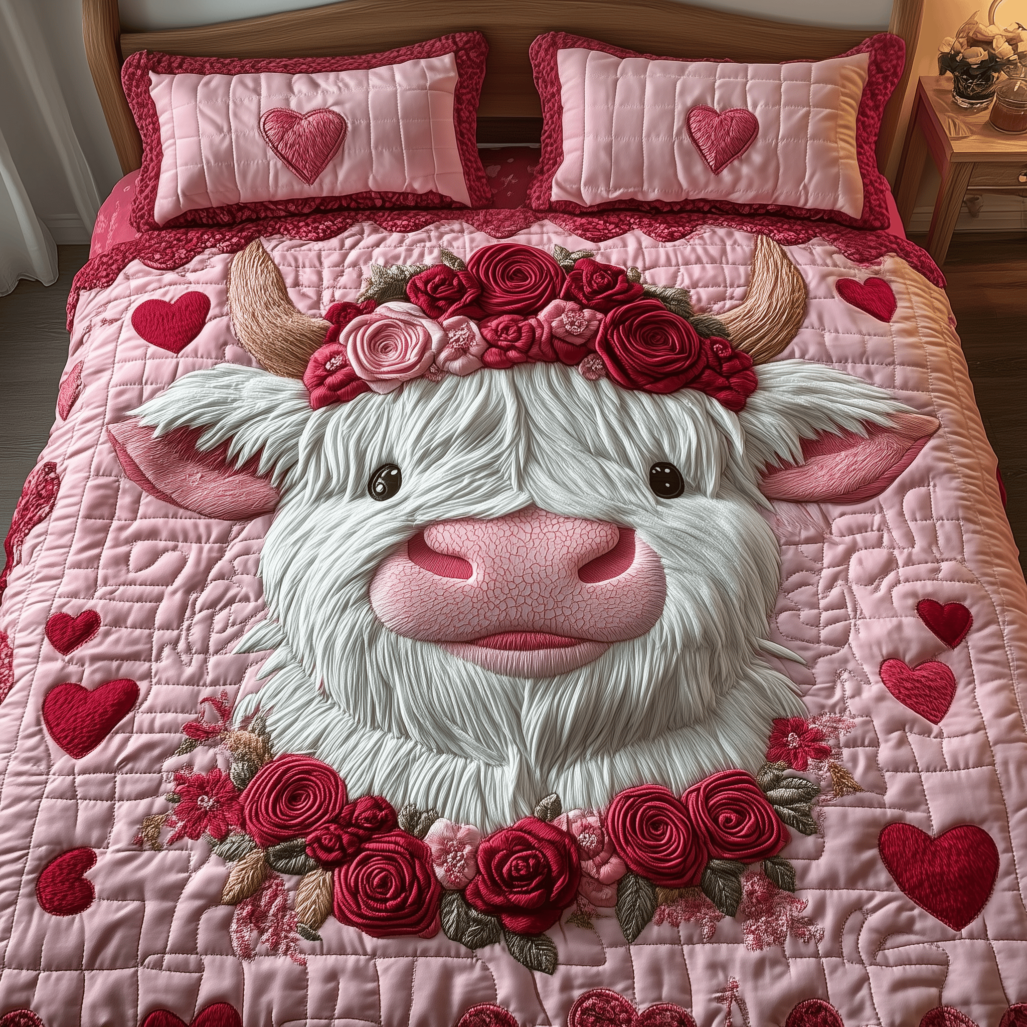 Pinky Sweetie Highland Cow Quilted Bedding Set Father's Day Duvet Cover Set Presents For Cow Lovers