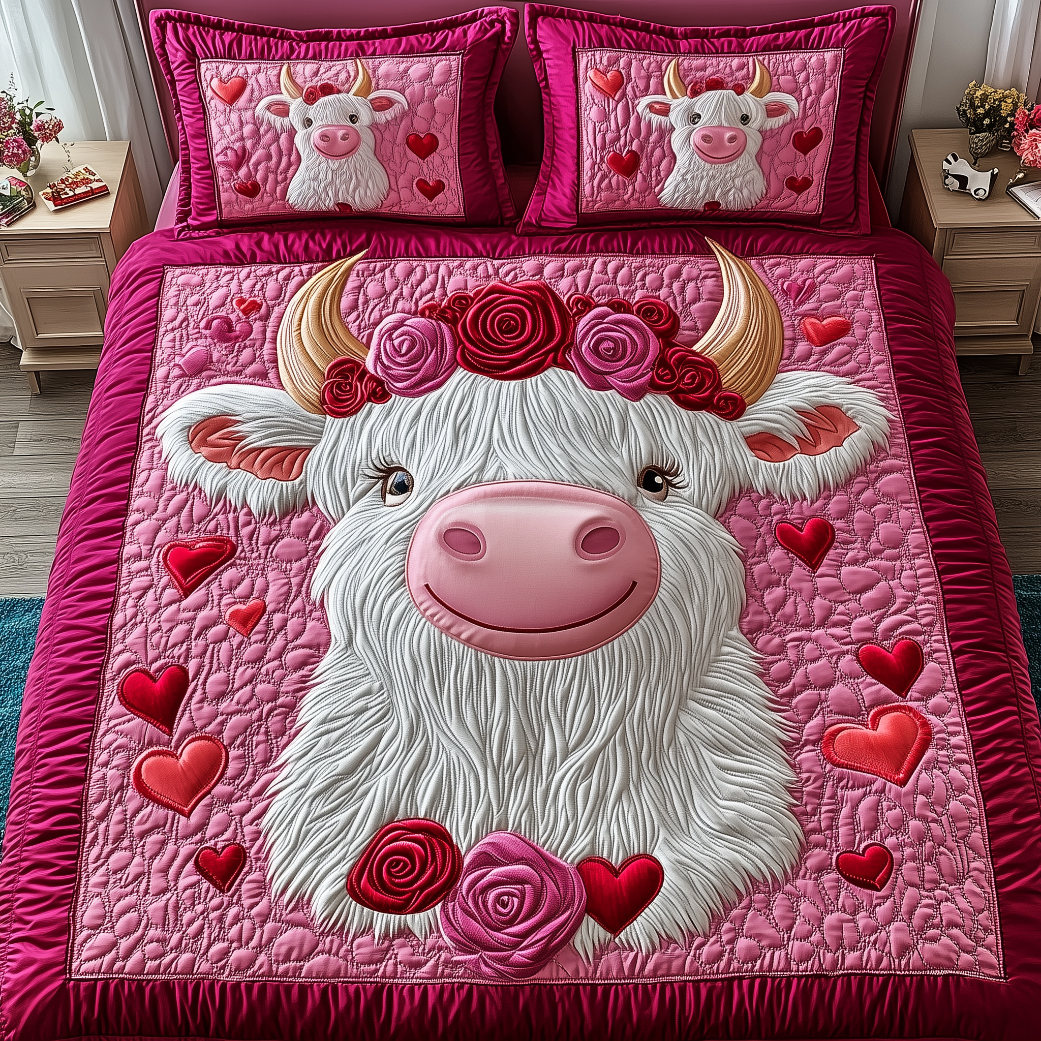 Pinky Sweetie Highland Cow Quilted Bedding Set Father's Day Duvet Cover Set Unique Cow Gifts