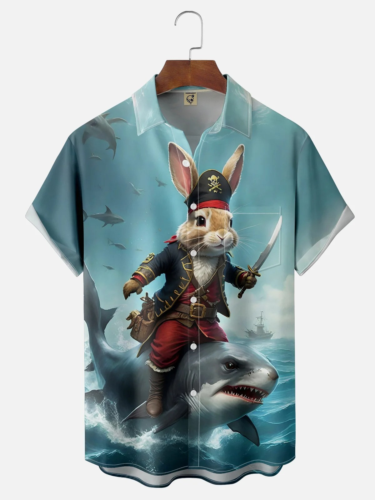Pirate Rabbit Shark Ride Chest Pocket Casual Shirt