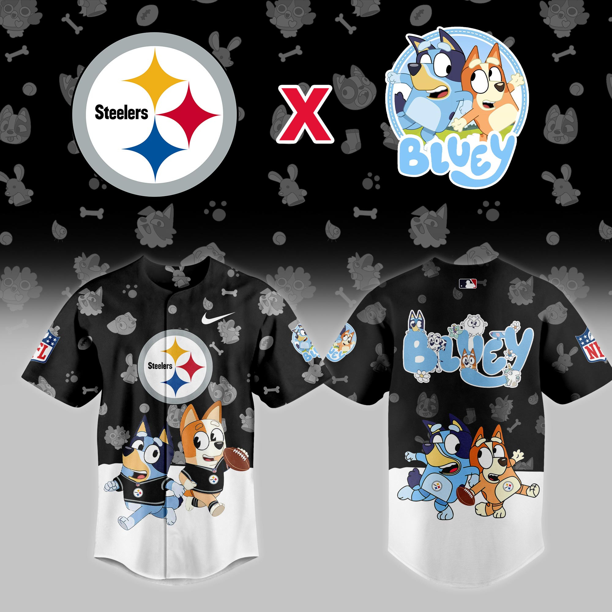 Pittsburgh Steelers Nfl X Bluey Night Baseball Jersey For Fans