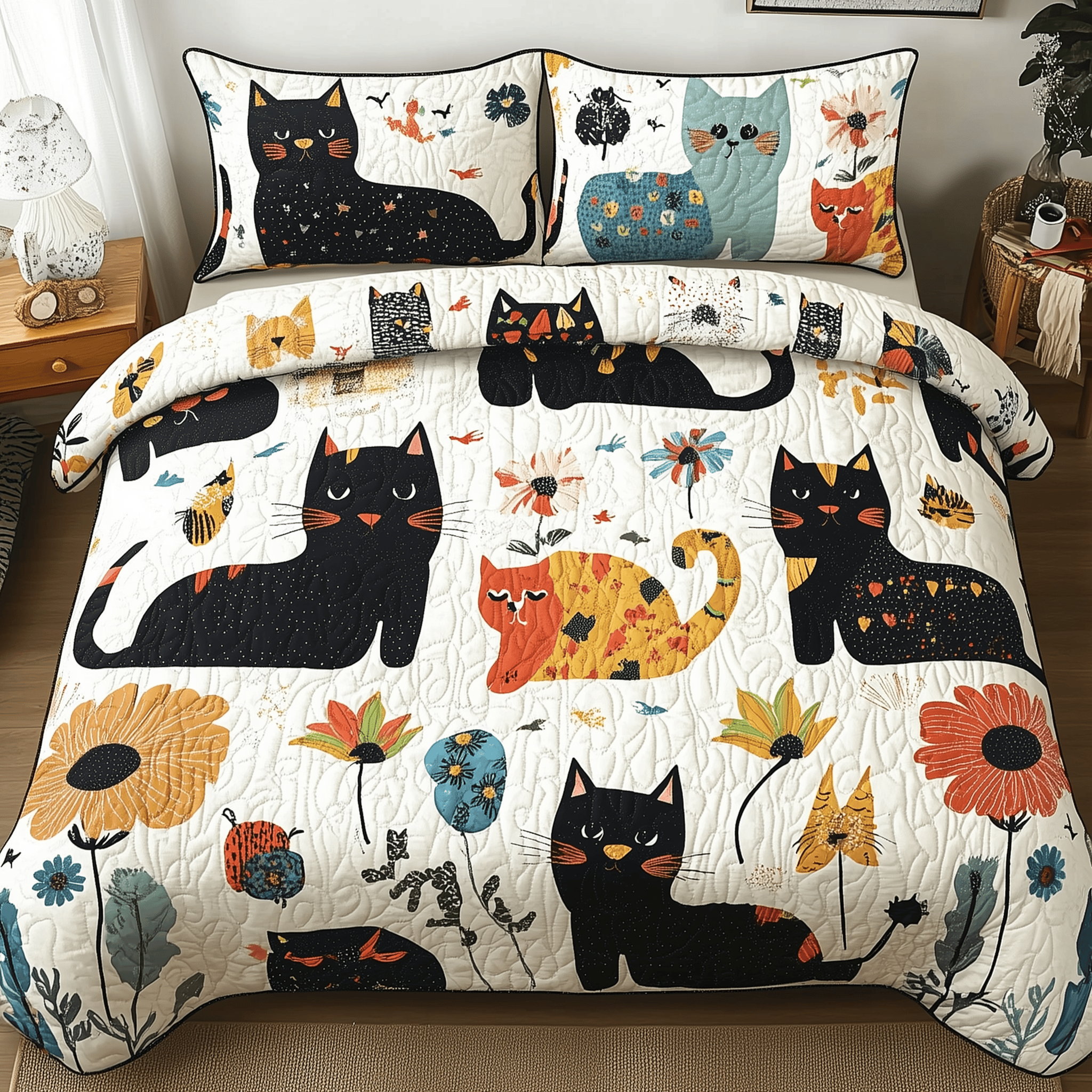 Playful Botanical Cat Quilted Bedding Set  Stay warm this winter Christmas Ideas For Men