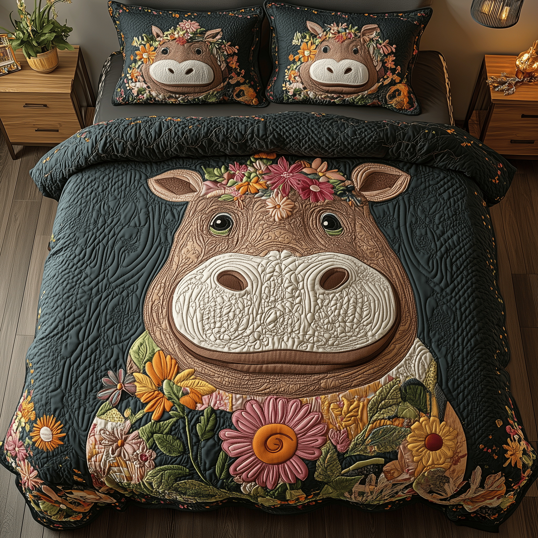 Playful Petal Hippo Quilted Bedding Set Unique Duvet Cover Bedspread Set Gift Ideas For Girlfriend