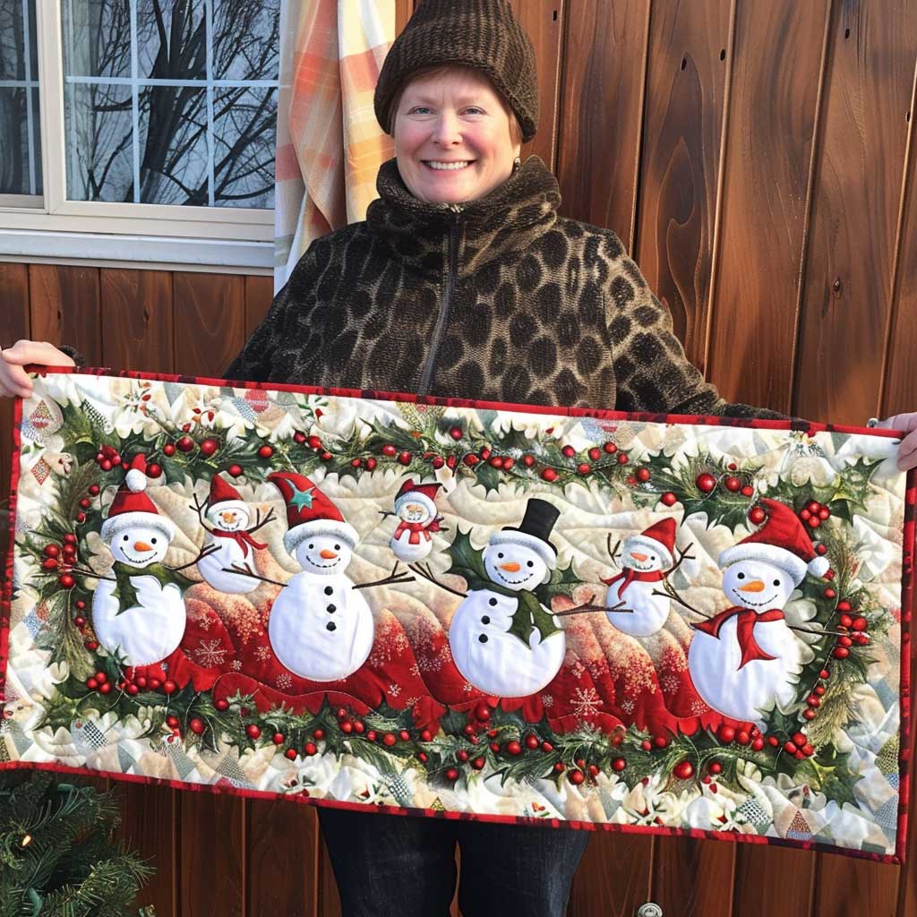 Playing Snowman Quilted Table Runner Holiday Christmas Table Runner Home Decorations