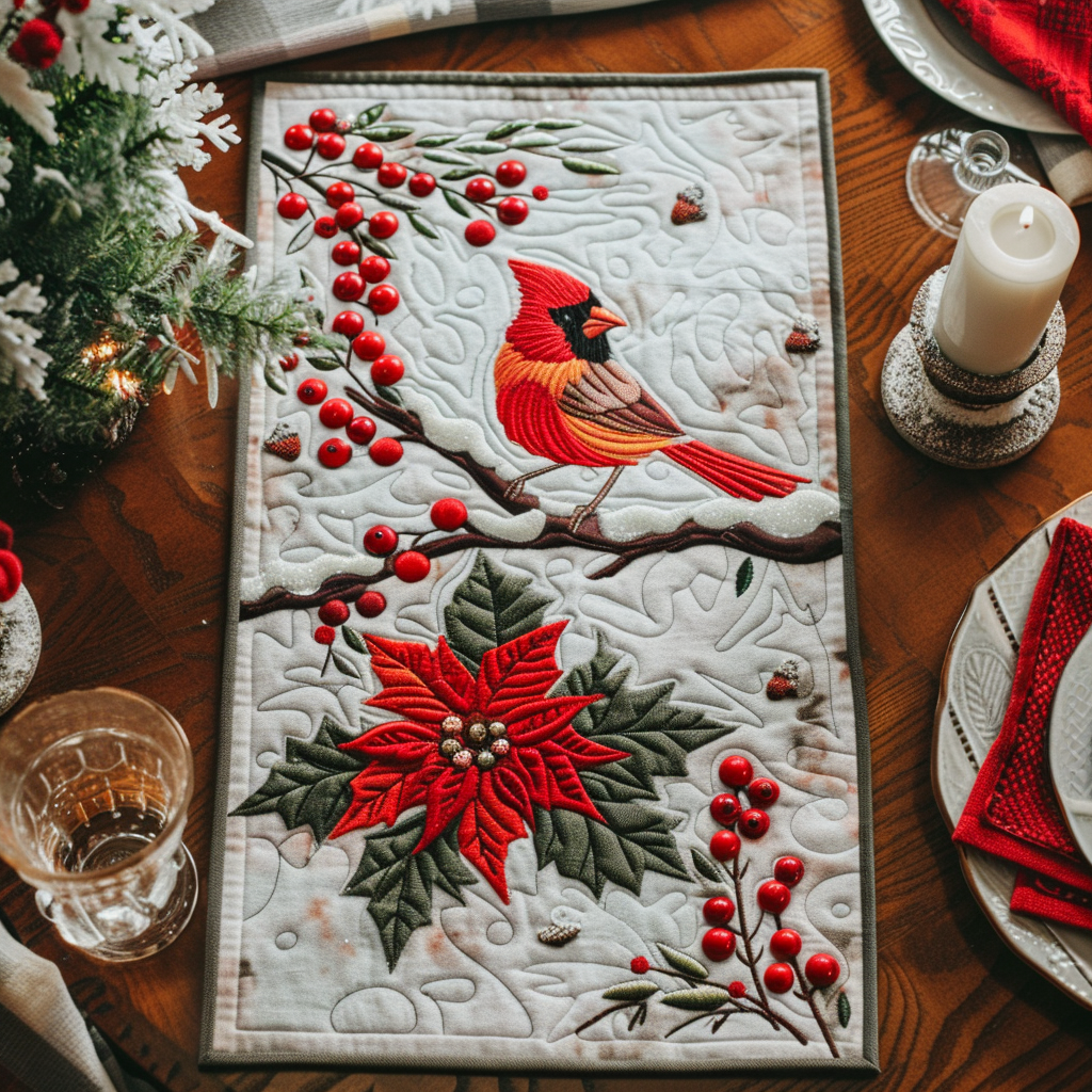 Poinsettia And Cardinal Quilted Table Runner Dining Christmas Decorations Gifts For Cardinal Lovers