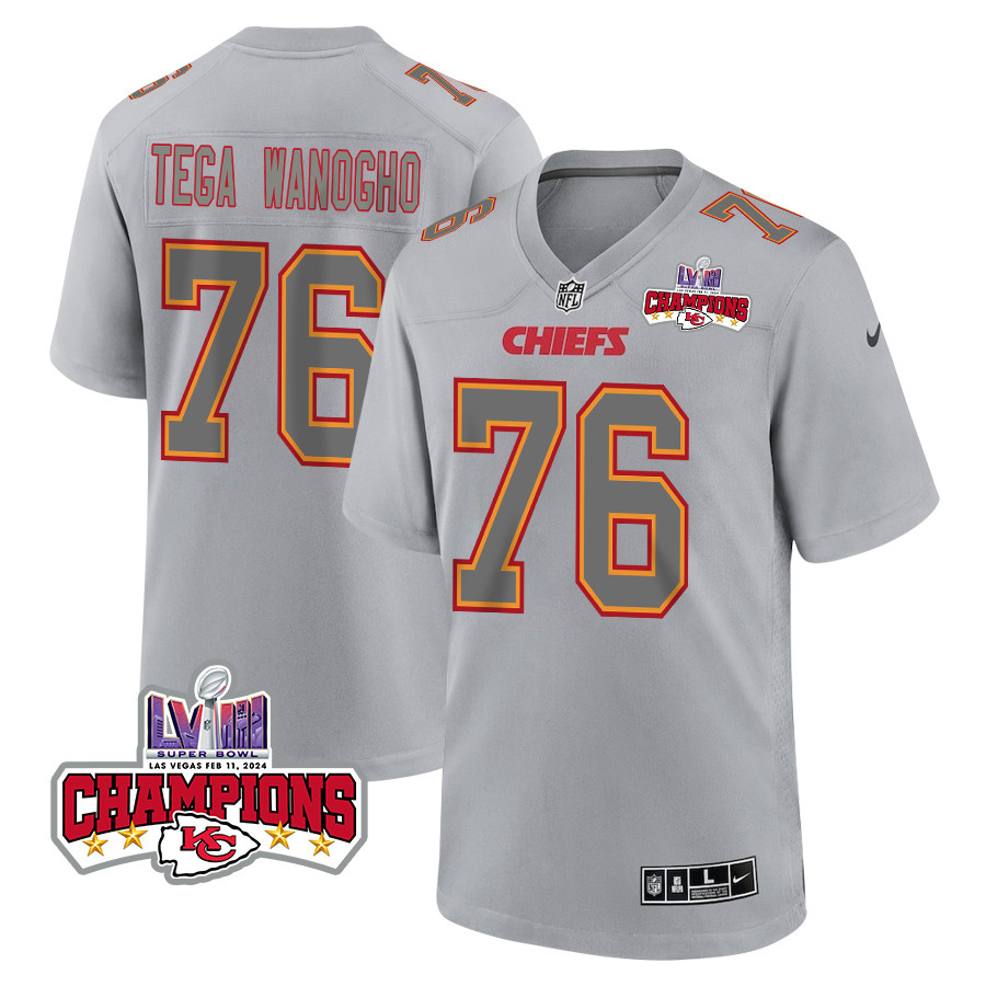 Prince Tega Wanogho 76 Kansas City Chiefs Super Bowl LVIII Champions 4 Stars Patch Atmosphere Fashion Game Men Jersey - Gray - JSDV418