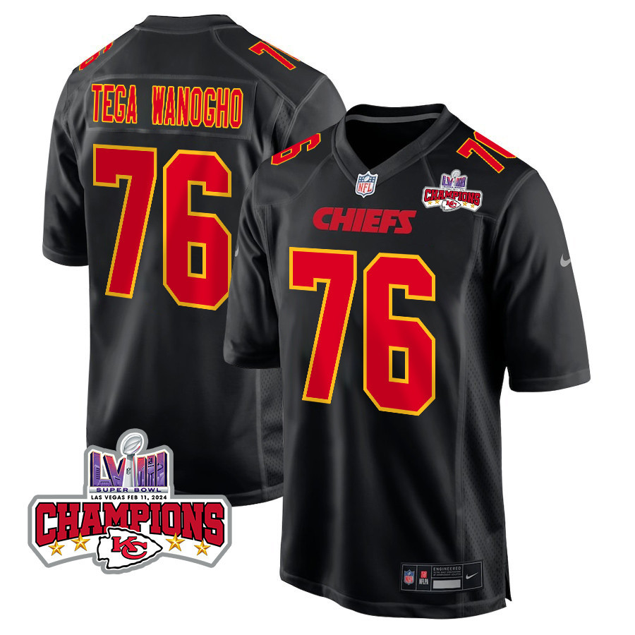 Prince Tega Wanogho 76 Kansas City Chiefs Super Bowl LVIII Champions 4 Stars Patch Fashion Game Men Jersey - Carbon Black - JSDV816