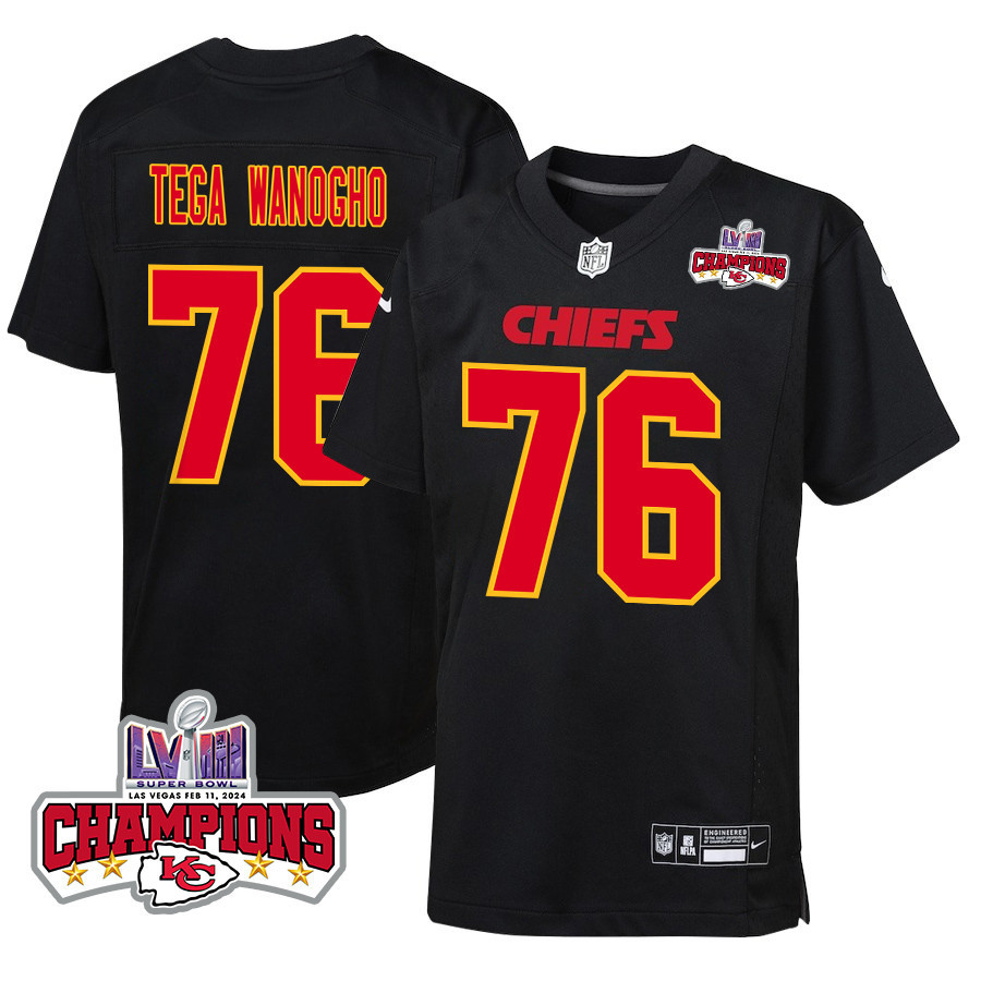 Prince Tega Wanogho 76 Kansas City Chiefs Super Bowl LVIII Champions 4 Stars Patch Fashion Game YOUTH Jersey - Carbon Black - JSDV416