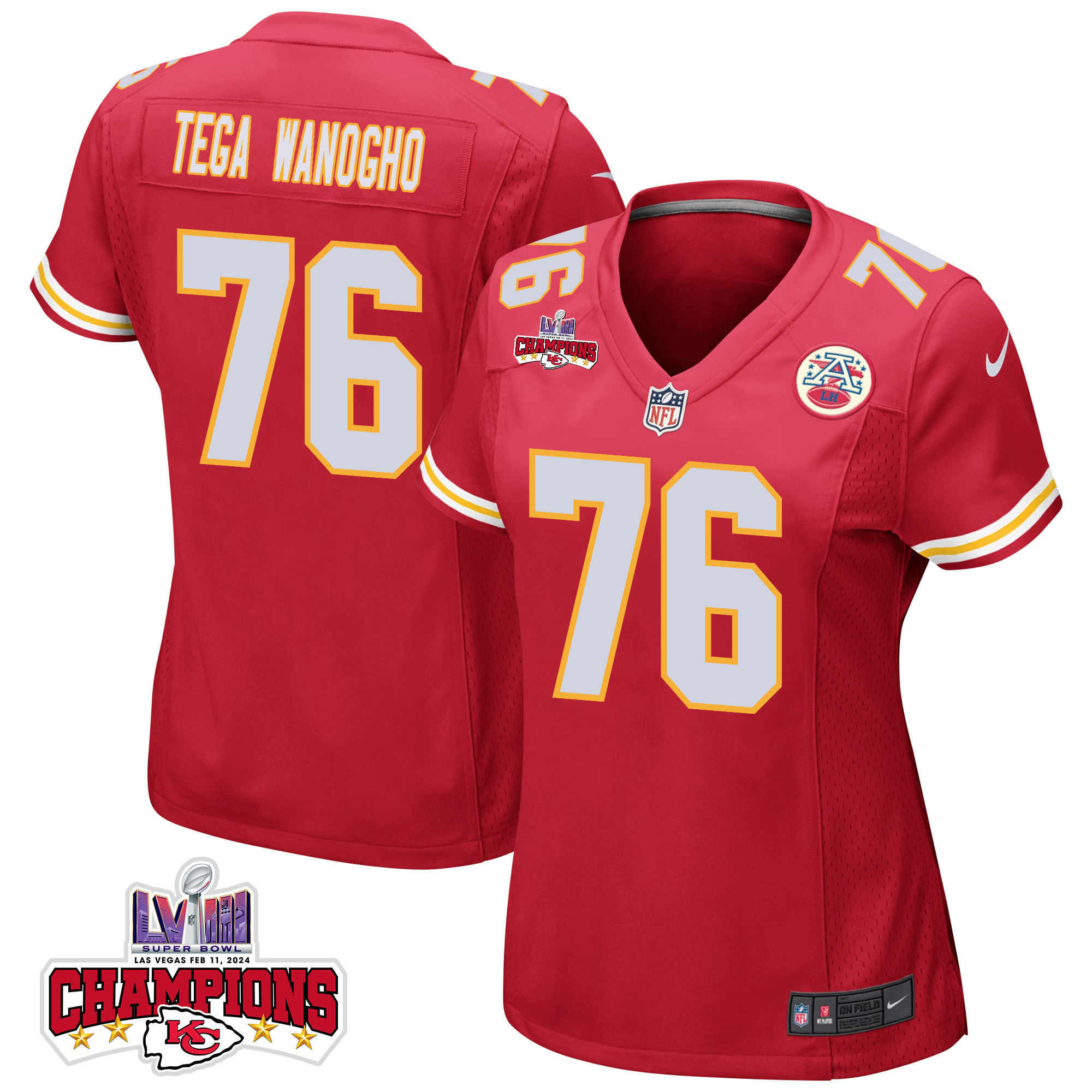 Prince Tega Wanogho 76 Kansas City Chiefs Super Bowl LVIII Champions 4 Stars Patch Game Women Jersey - Red - JSDV691