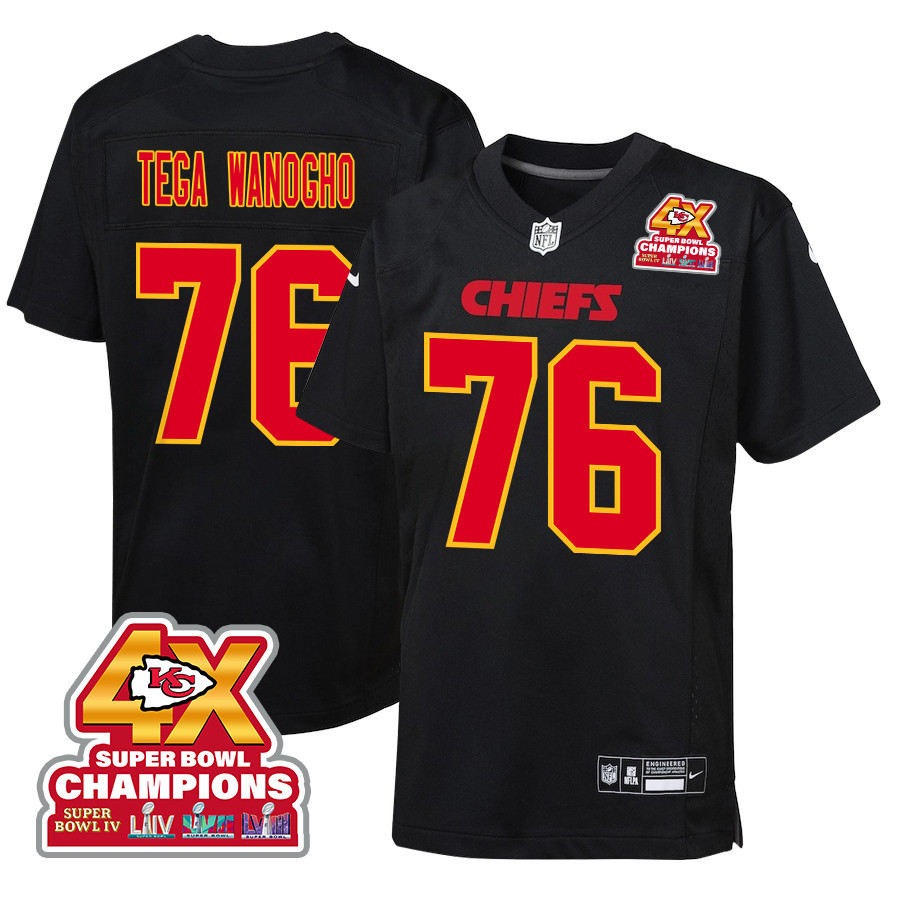 Prince Tega Wanogho 76 Kansas City Chiefs Super Bowl LVIII Champions 4X Fashion Game YOUTH Jersey - Carbon Black - JSDV271