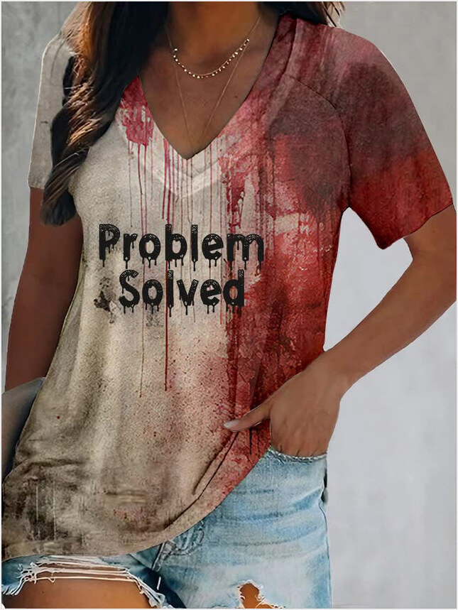 Problem Solved V-neck Shirt For Women's Horror Scary Bloody Clothes Gifts For Halloween