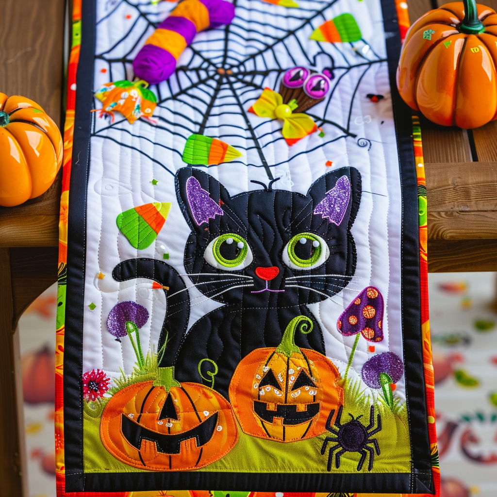 Pumpkin Black Cat Quilted Table Runner Decorations Items Themed Cat Gifts For Women
