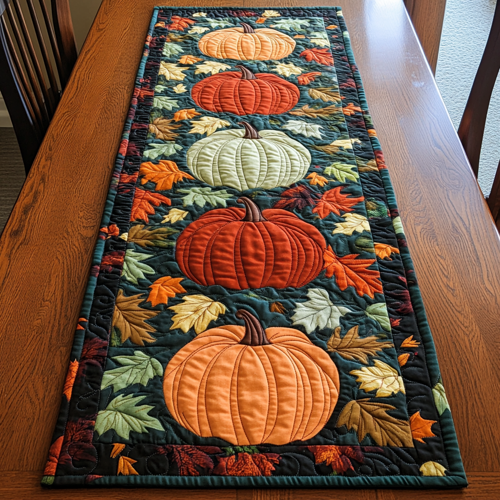 Pumpkin Delight Quilted Table Runner Autumn Season Fall Themed Indoor Home Decoration
