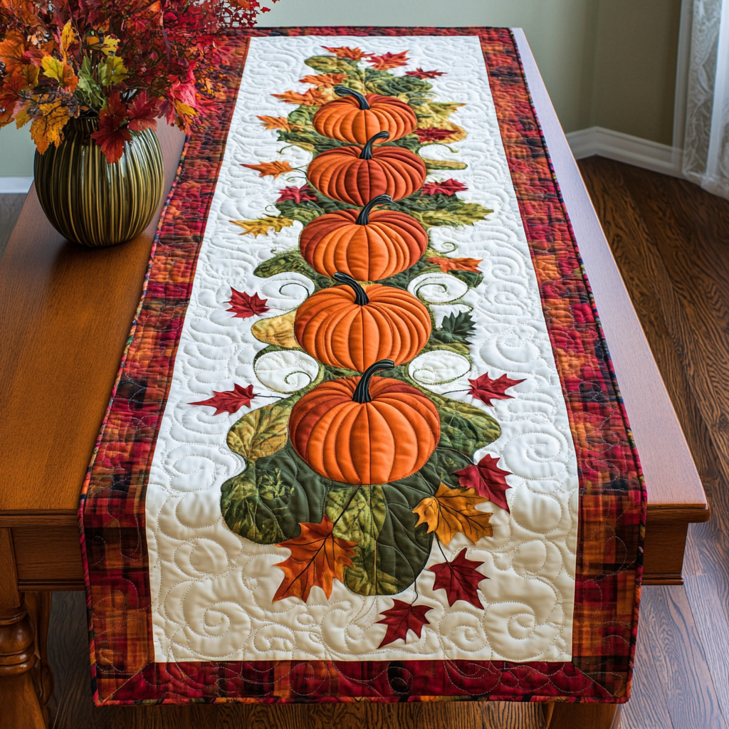 Pumpkin Garden Quilted Table Runner Autumn Season Fall Themed Indoor Home Decoration