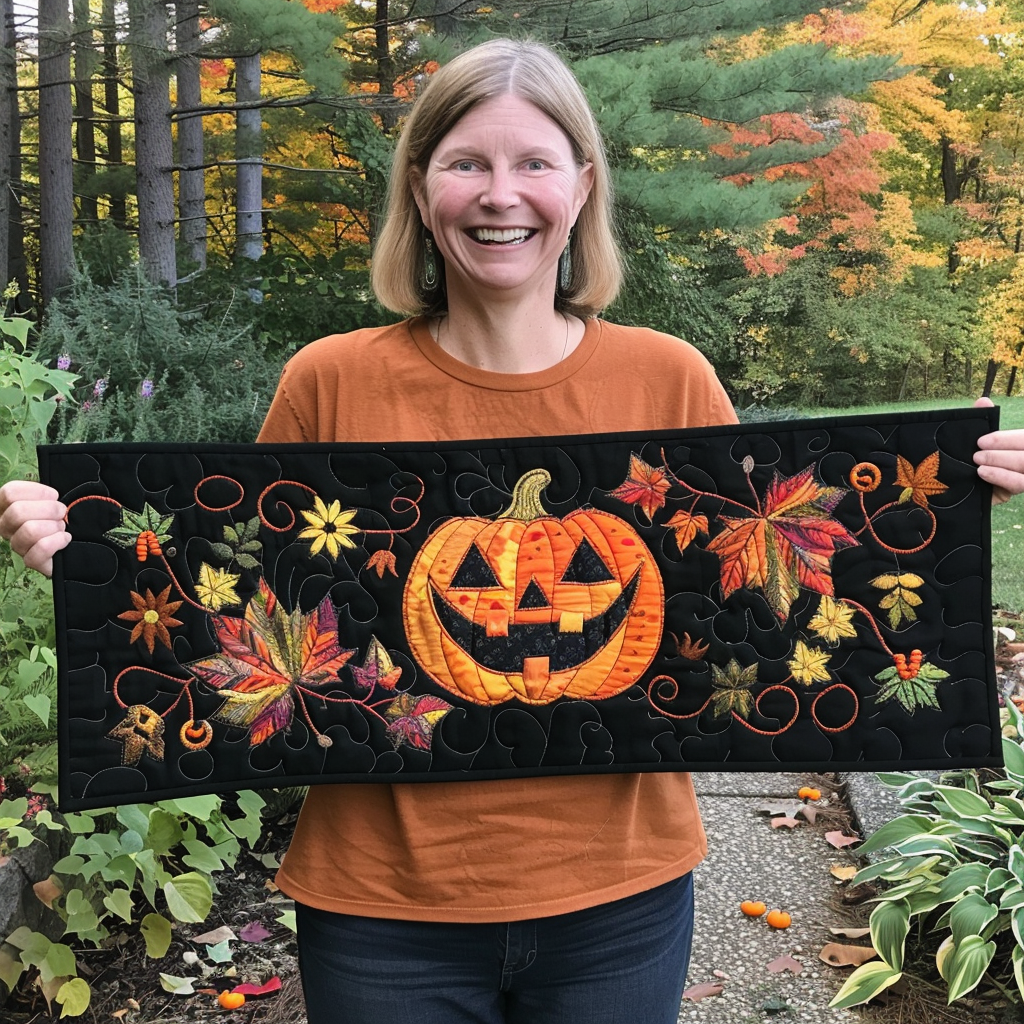 Pumpkin Patch Magic Quilted Table Runner Autumn Season Fall Themed Indoor Home Decoration