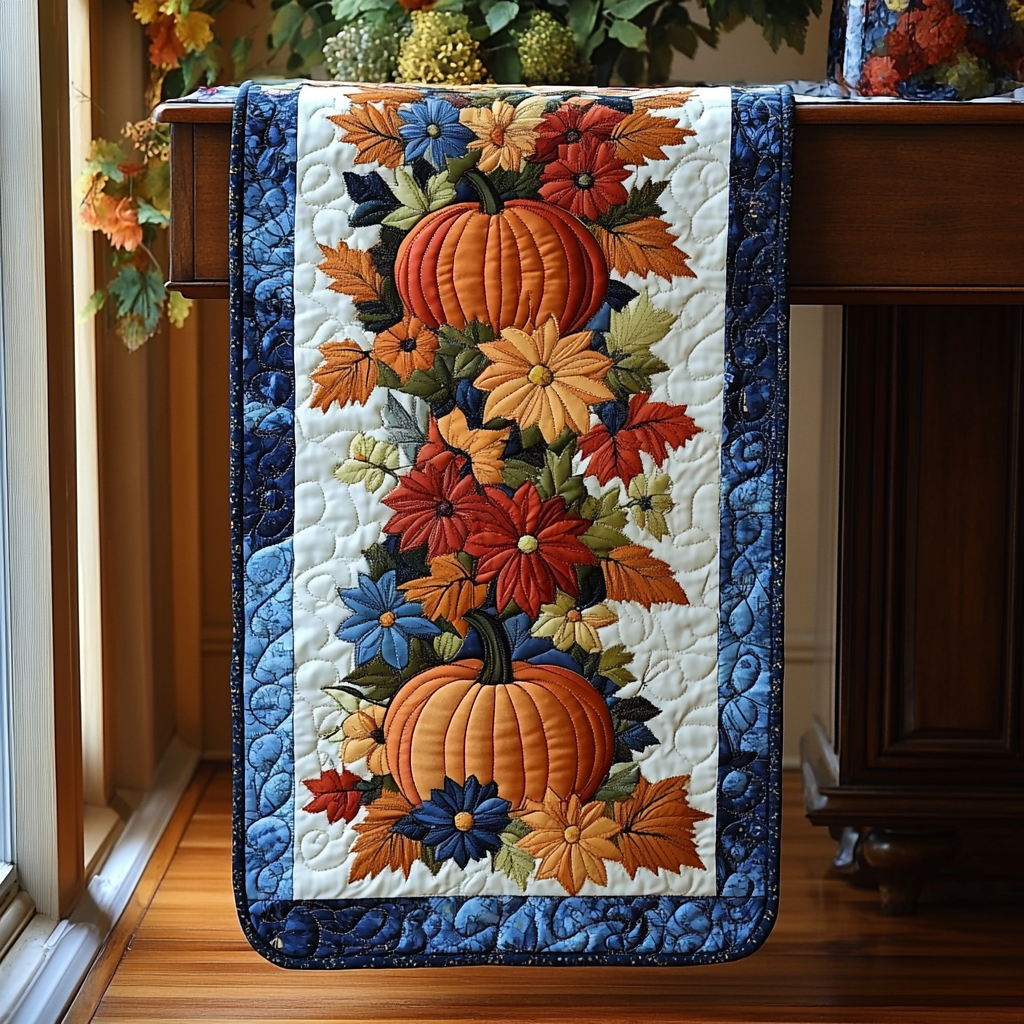 Pumpkins And Autumn Flowers Quilted Table Runner Modern Fall Table Runner Home Decoration