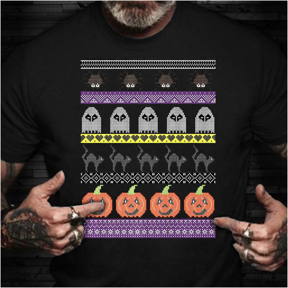 Pumpkins Black Cats Ghosts Spider Halloween Ugly Sweater Shirt Halloween Graphic Tee