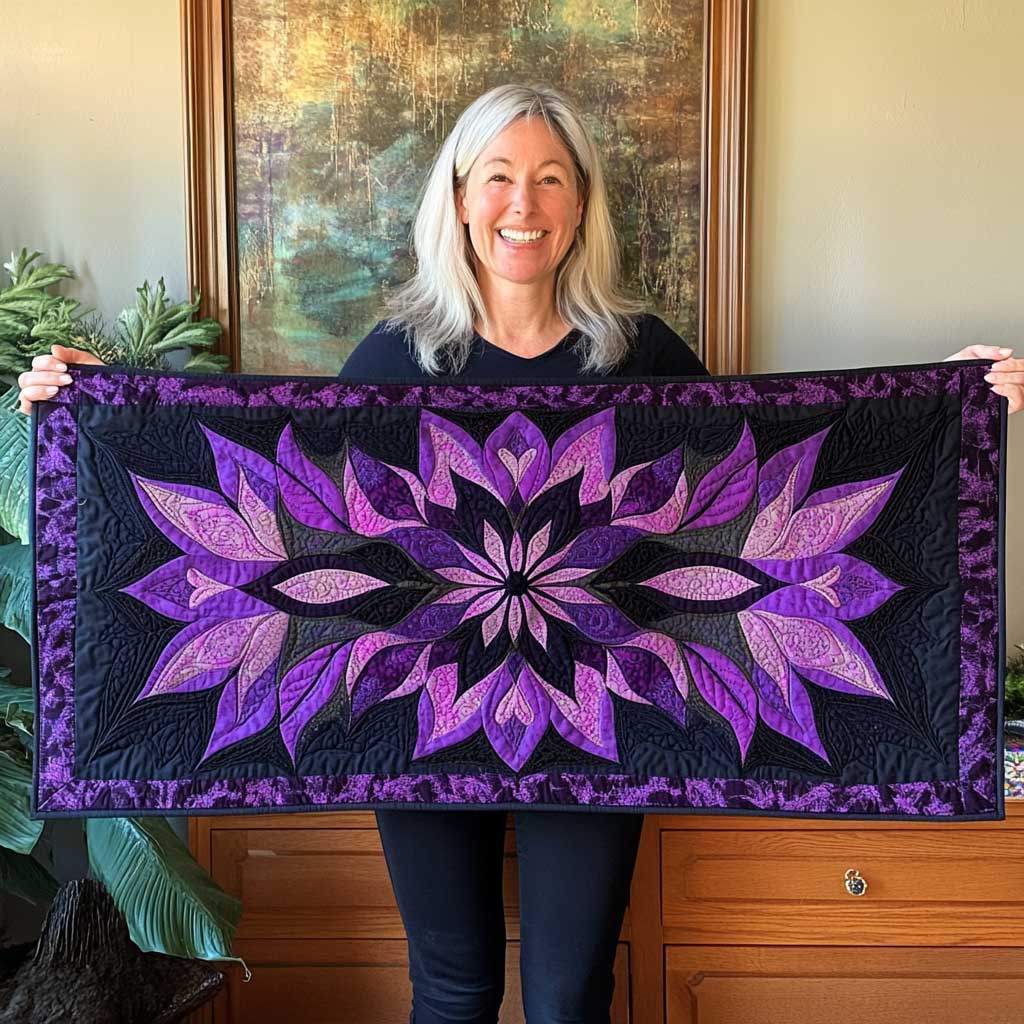 Purple Moonlit Blossom Quilted Table Runner Modern Dining Home Decorations Gifts For Family