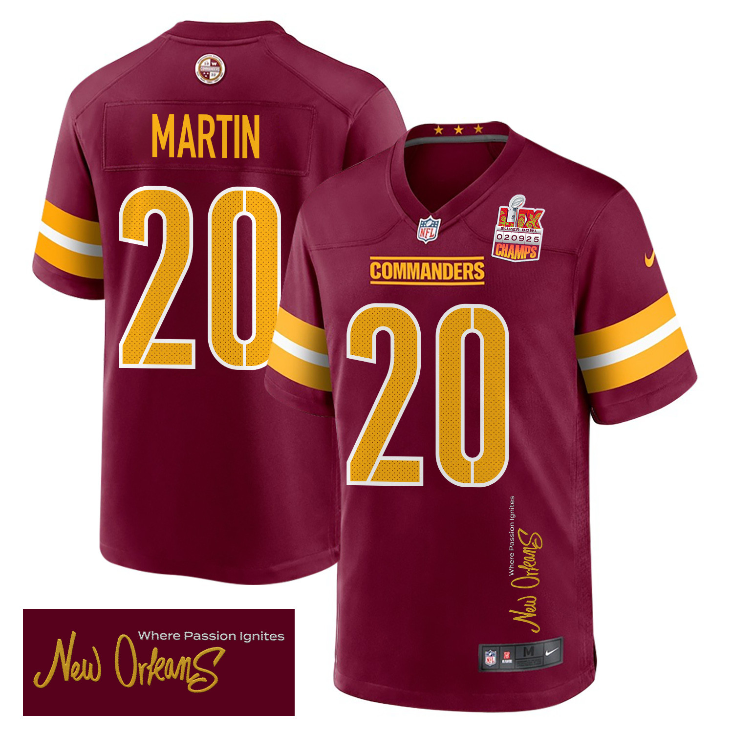 Quan Martin 20 Washington Commanders Super Bowl LIX Champions Patch 'New Orleans - Where Passion Ignites' EMBROIDERED Game Men Jersey - Burgundy - JS826