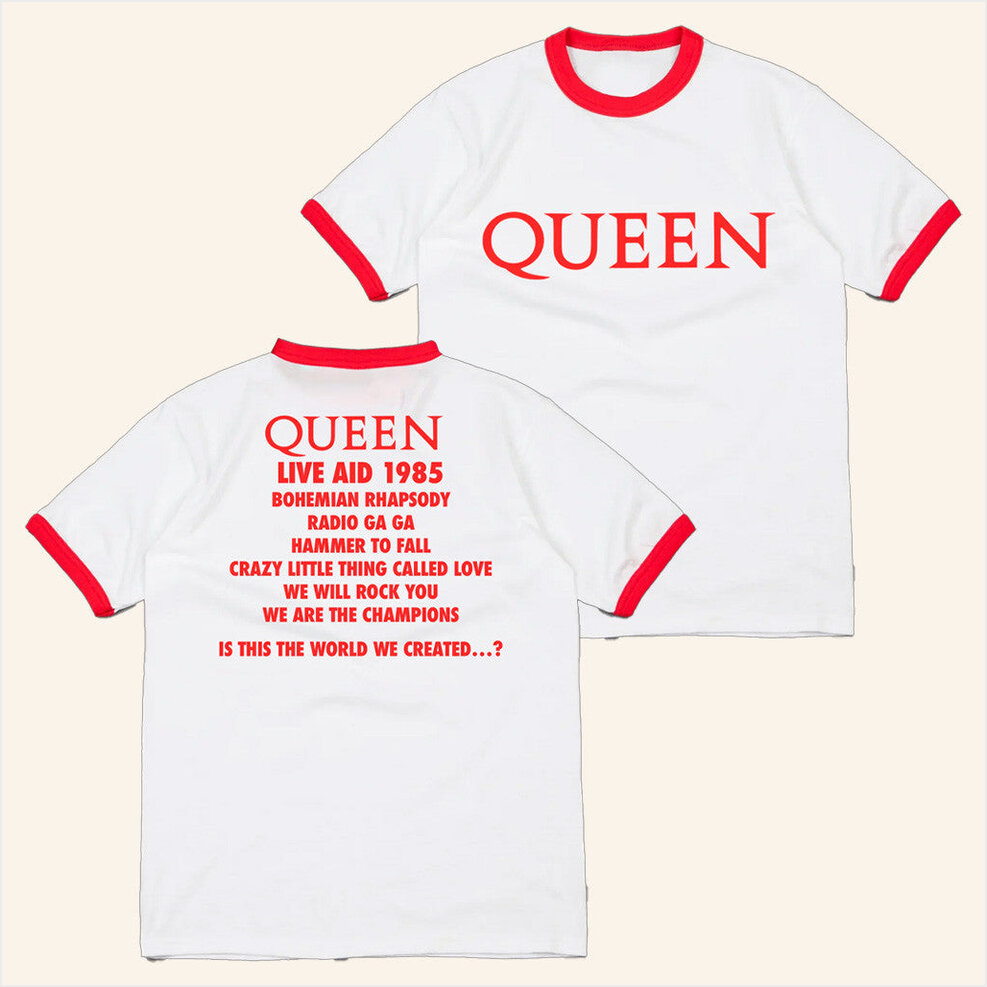 Queen At Live Aid Red And White Ringer T-Shirt Queen Official Merch Women's Birthday Gifts