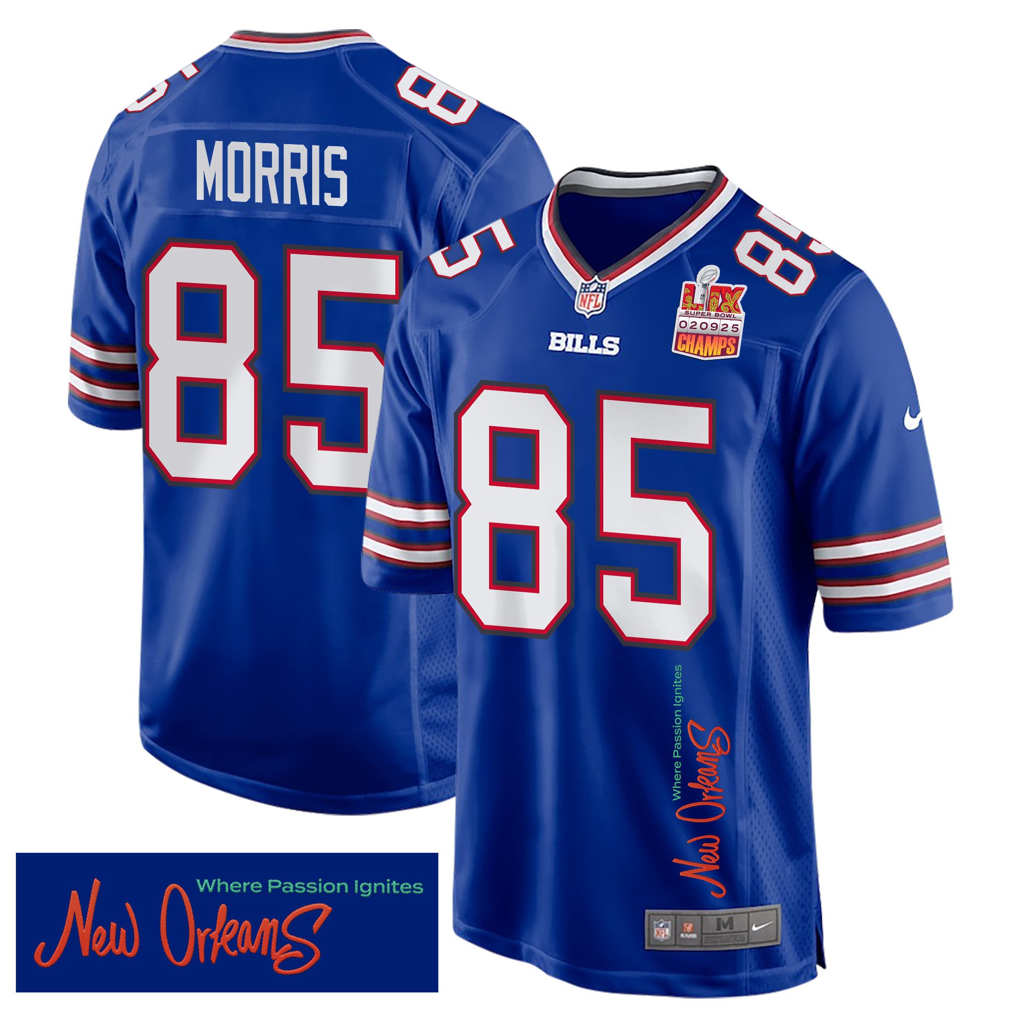Quintin Morris 85 Buffalo Bills Super Bowl LIX Champions Patch 'New Orleans - Where Passion Ignites' EMBROIDERED Game Men Jersey - Royal - JS430