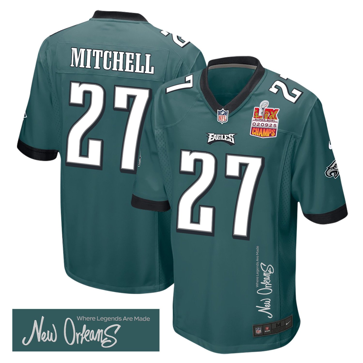 Quinyon Mitchell 27 Philadelphia Eagles Super Bowl LIX Champions Patch 'New Orleans - Where Legends Are Made' EMBROIDERED Game Men Jersey - Midnight Green - JS729