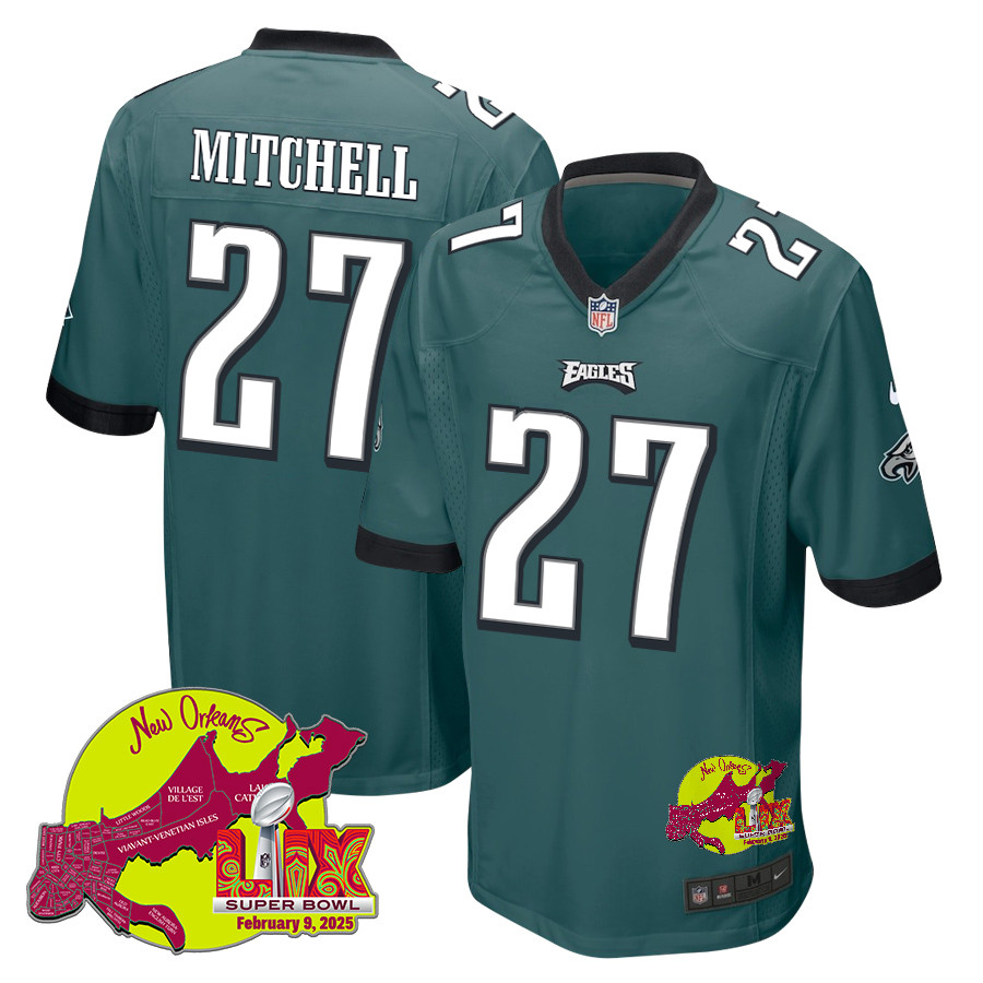 Quinyon Mitchell 27 Philadelphia Eagles Super Bowl LIX New Orleans Patch Game Men Jersey - Midnight Green - JS247