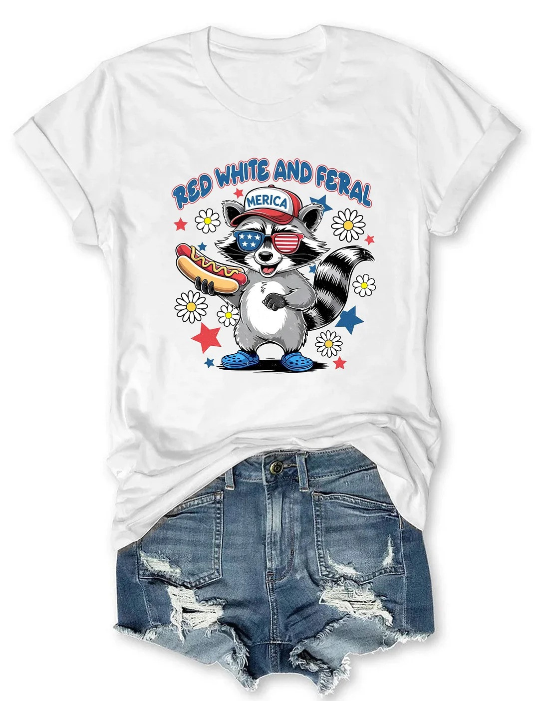 Raccoon Red White and Feral T-Shirt Funny 4th of July Day Gifts For Mom