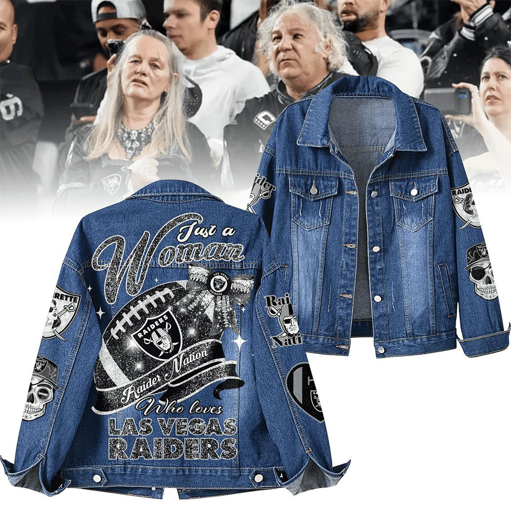 Raider Nation Just A Woman Who Loves Las Vegas Raiders Denim Jacket Las Vegas Raiders Merch