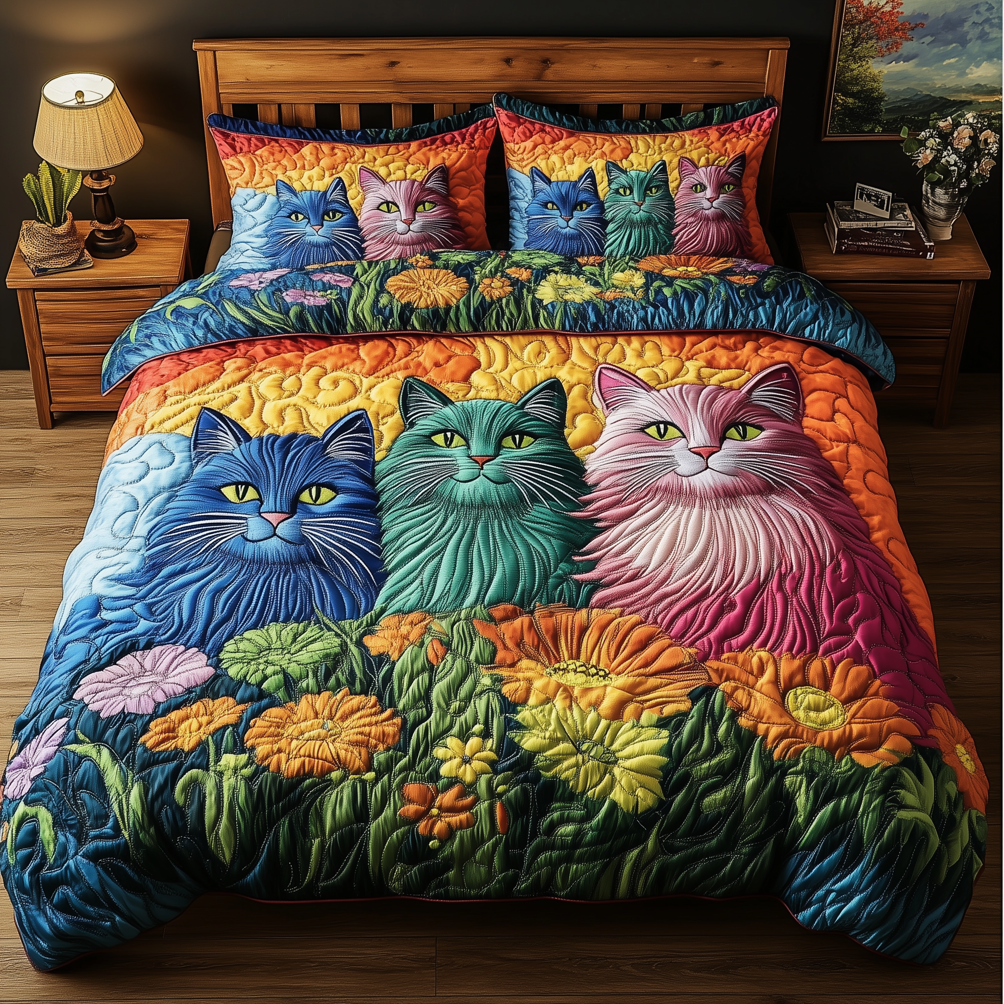 Rainbow Cats Parade Quilted Bedding Set Valentine'S Day Duvet Cover Set Presents For People Who Love Cats
