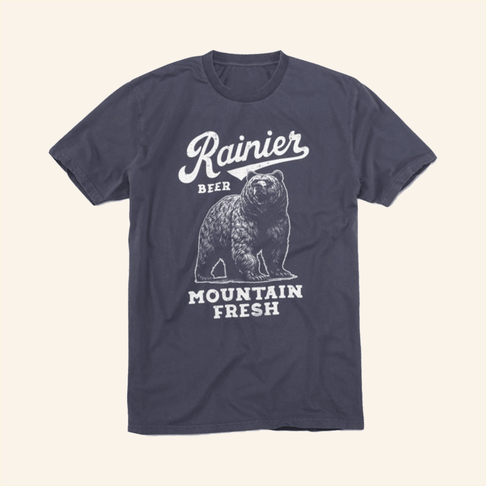 Rainier Beer Mountain Fresh Bear Navy T-Shirt Wear Your Beer Merch Husband Birthday Gifts