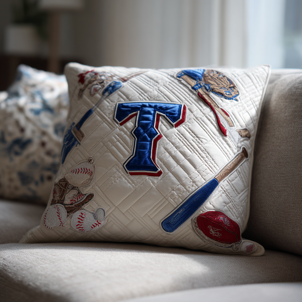 Rangers Baseball Quilted Pillow Case Handmade Cushion Cover Sports Fan Gift