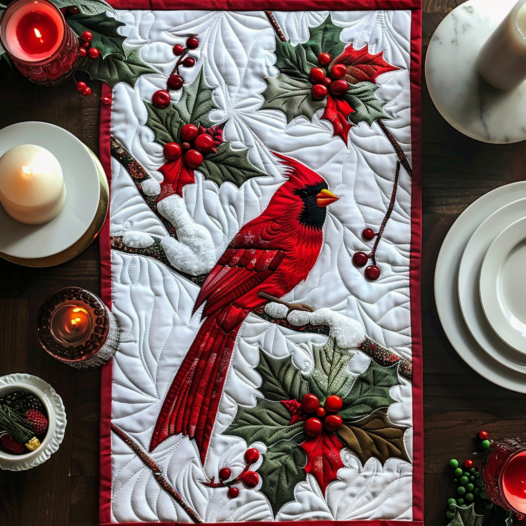 Red Berries And Cardinal Quilted Table Runner Holiday Red Cardinal Christmas Decorations Best Gifts